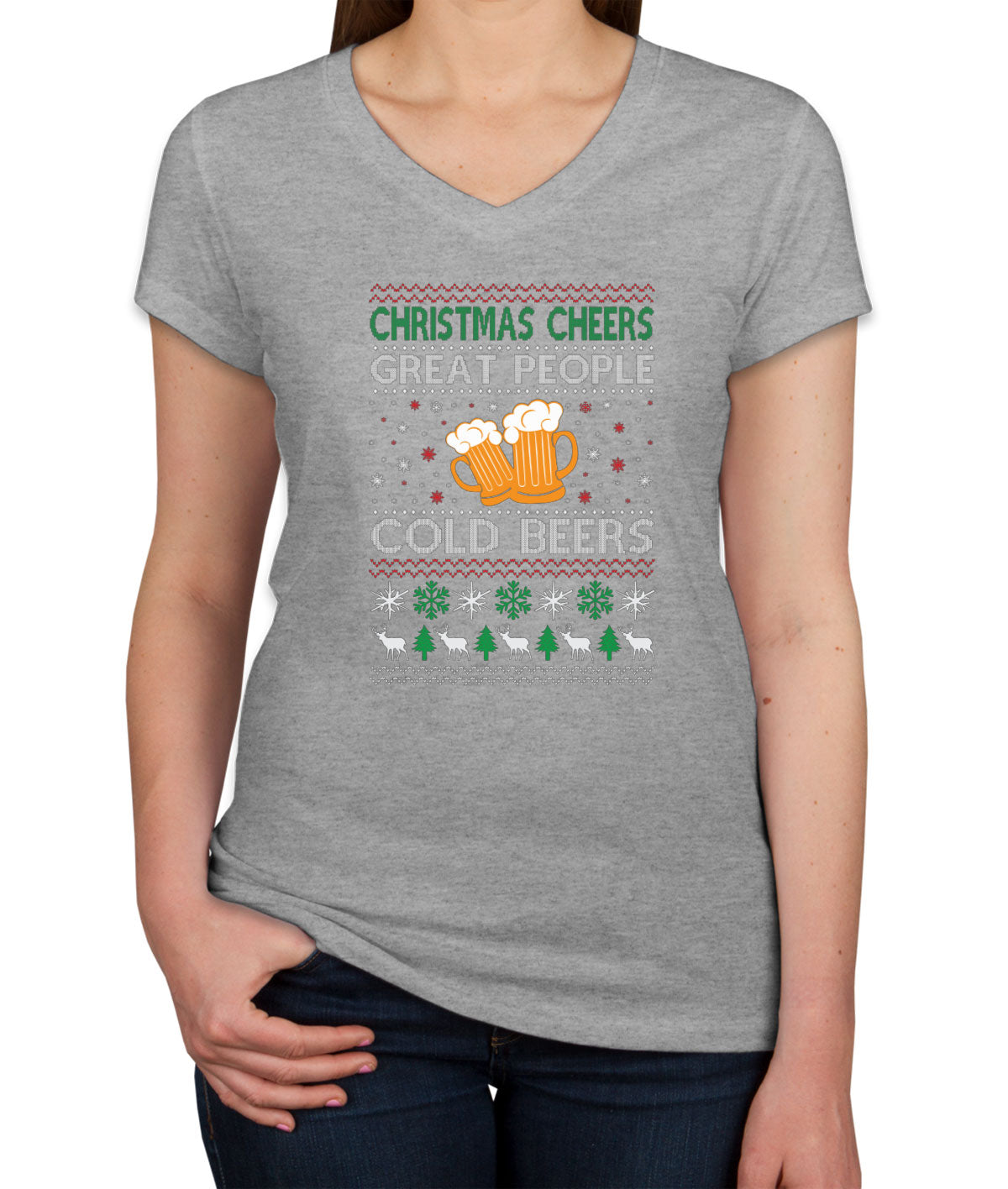 Christmas Cheers Great People Cold Beers Women's V Neck T-shirt