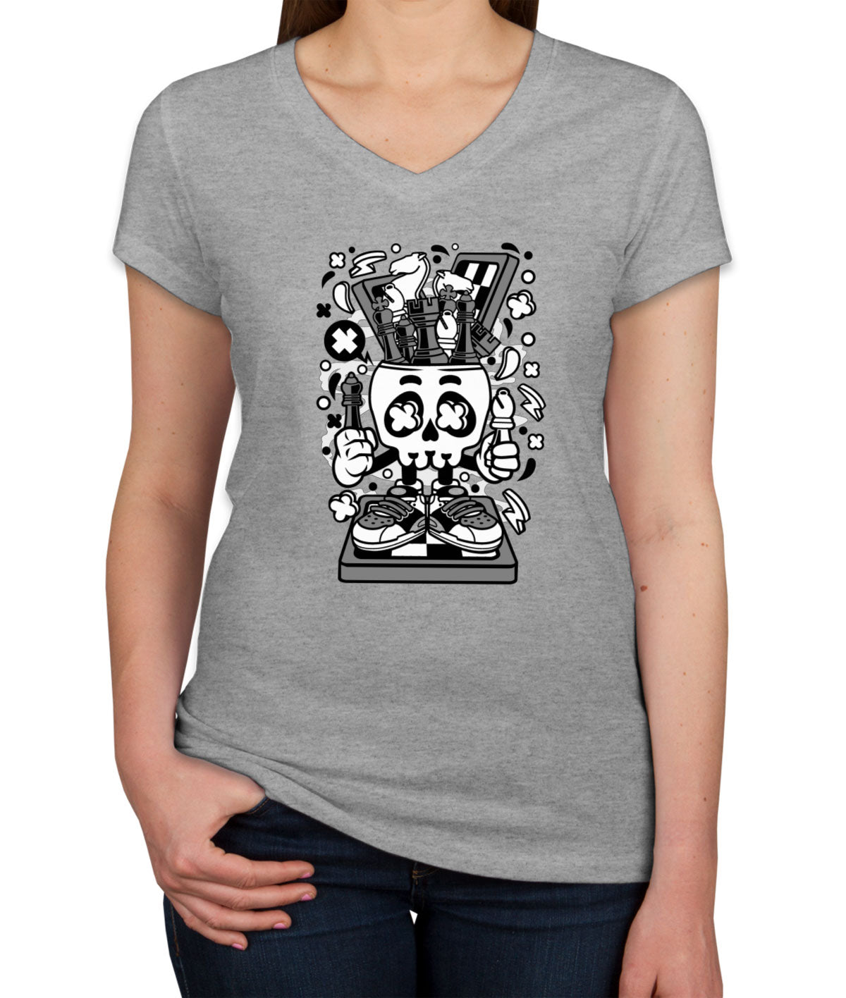 Chess Skull Head Women's V Neck T-shirt