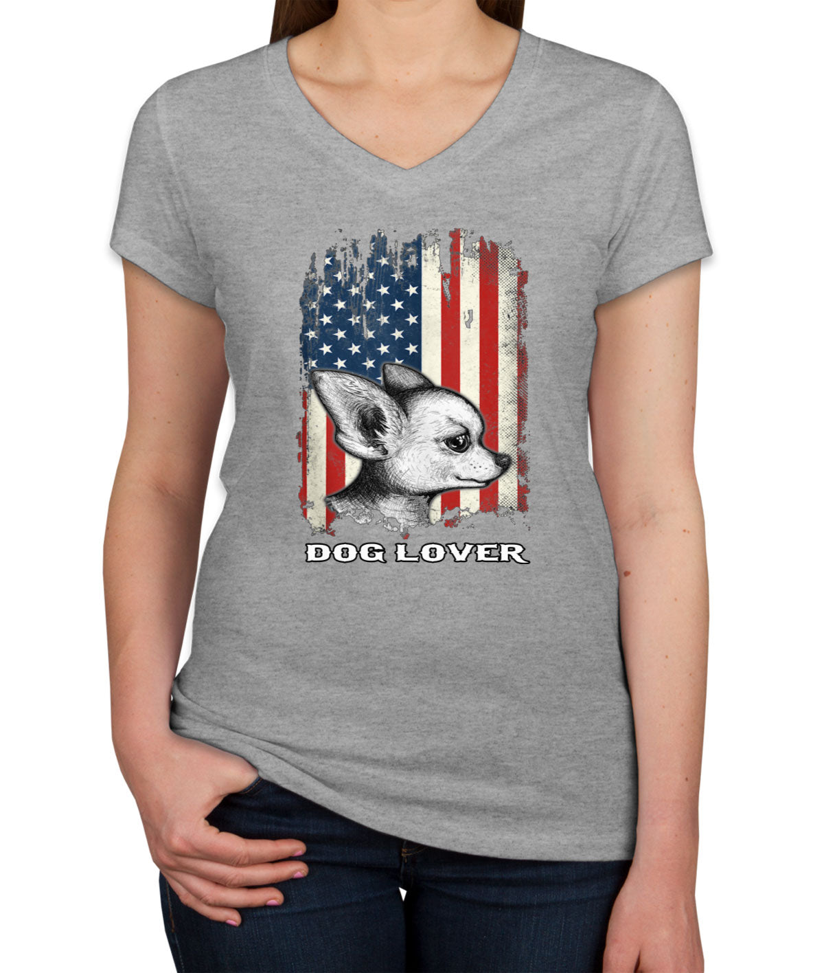 Chihuahua Dog Lover With American Flag Women's V Neck T-shirt