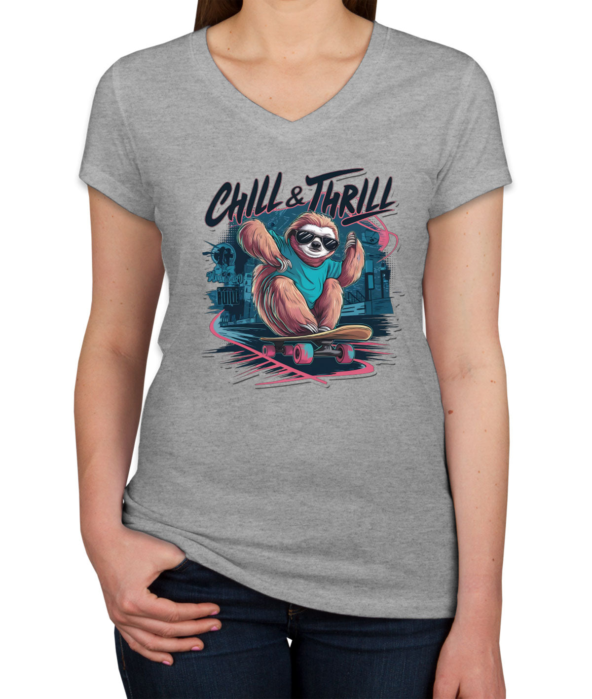 Chill And Thrill Sloth Women's V Neck T-shirt