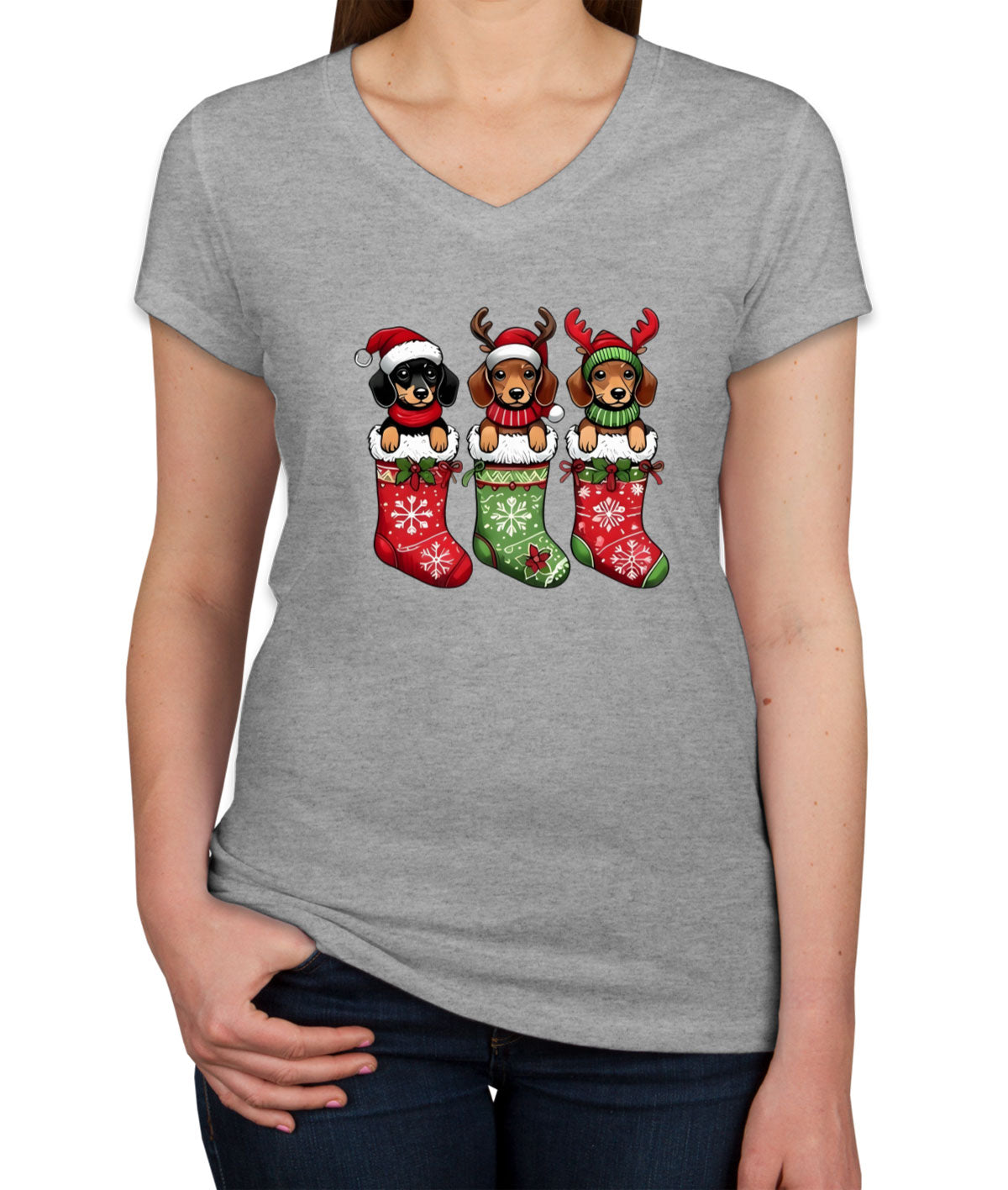 Dogs In Christmas Stockings Women's V Neck T-shirt