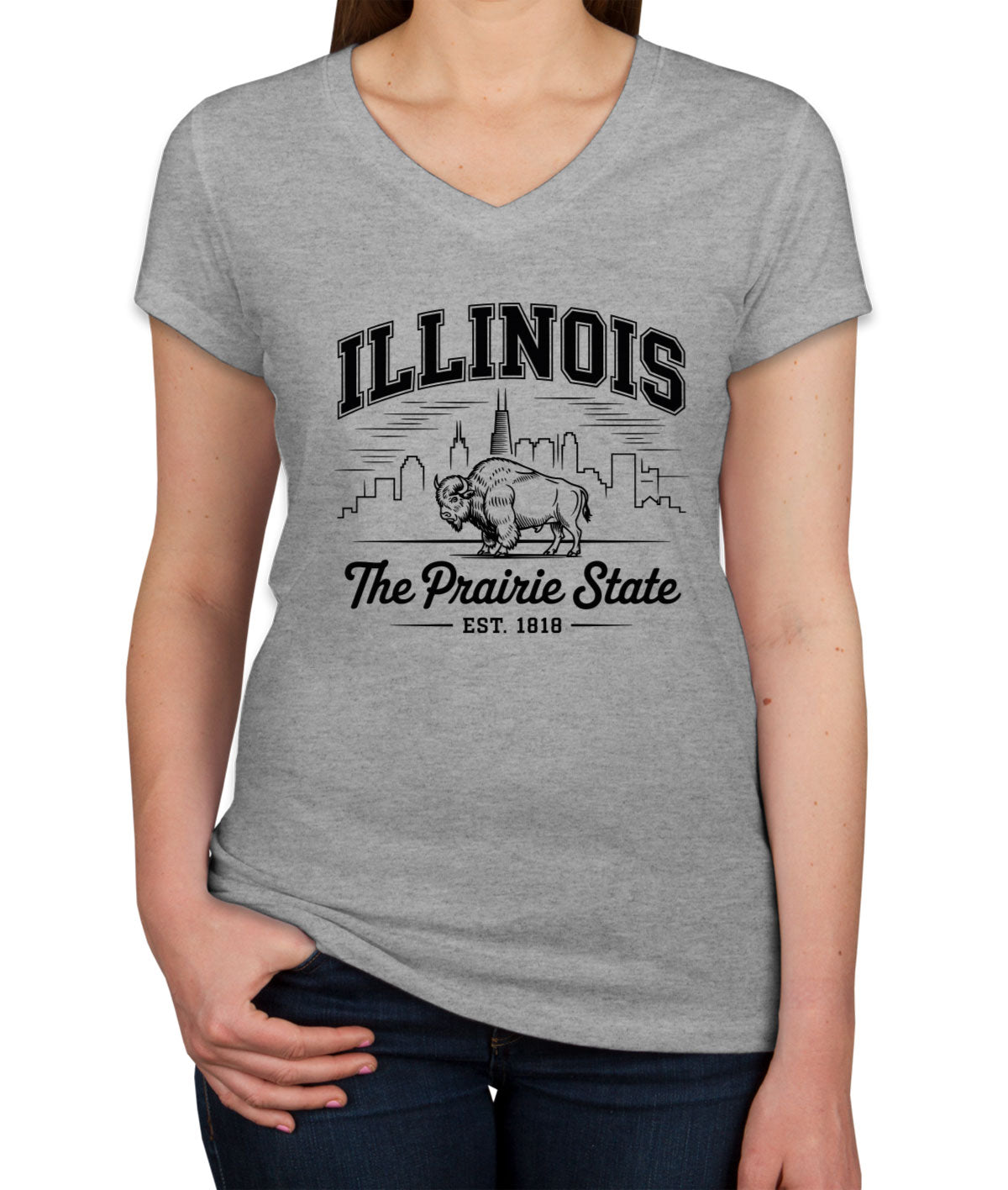 Illinois Cityscape Illustration The Prairie State Women's V Neck T-shirt