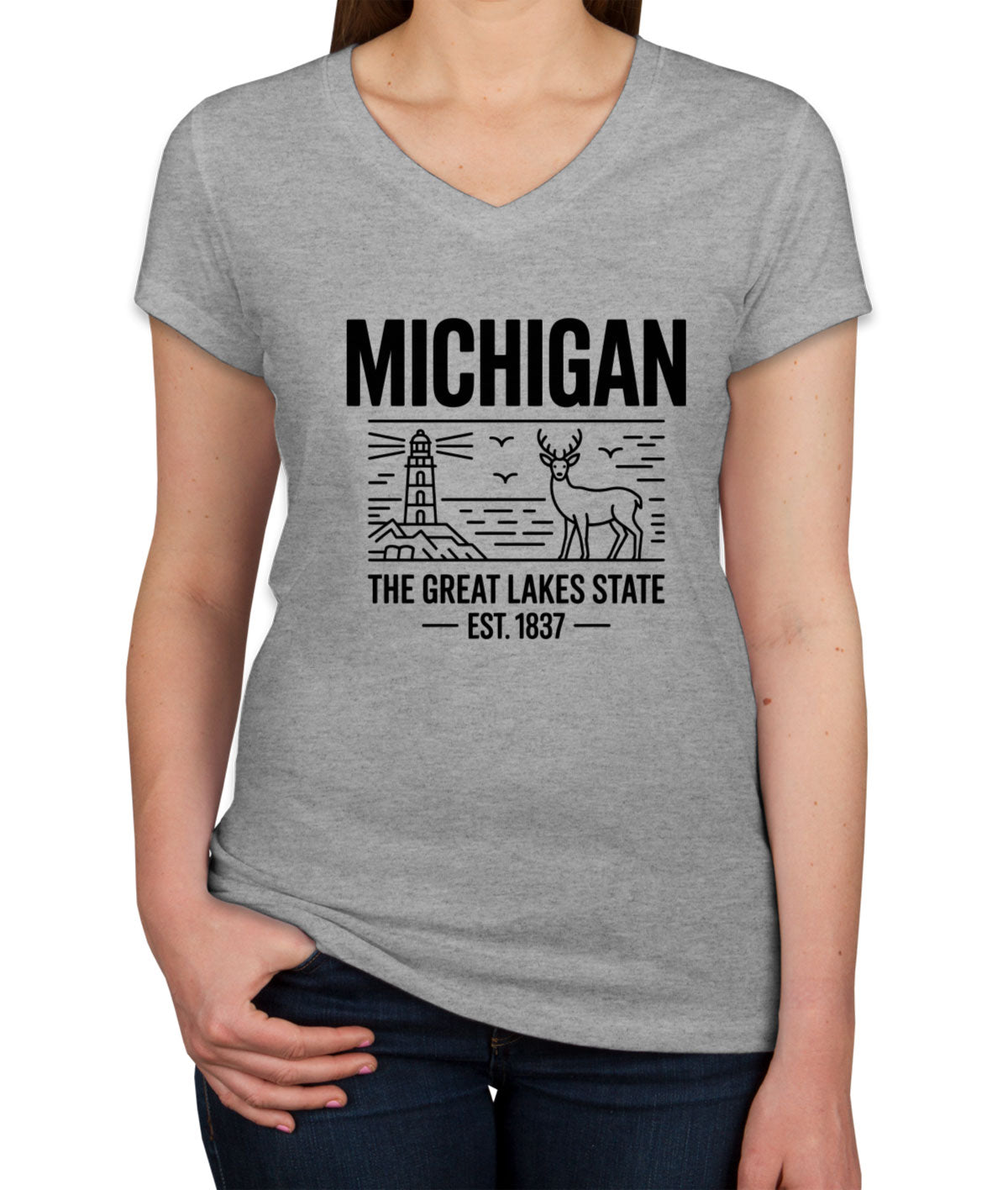 Michigan Cityscape Illustration The Great Lakes State  Women's V Neck T-shirt
