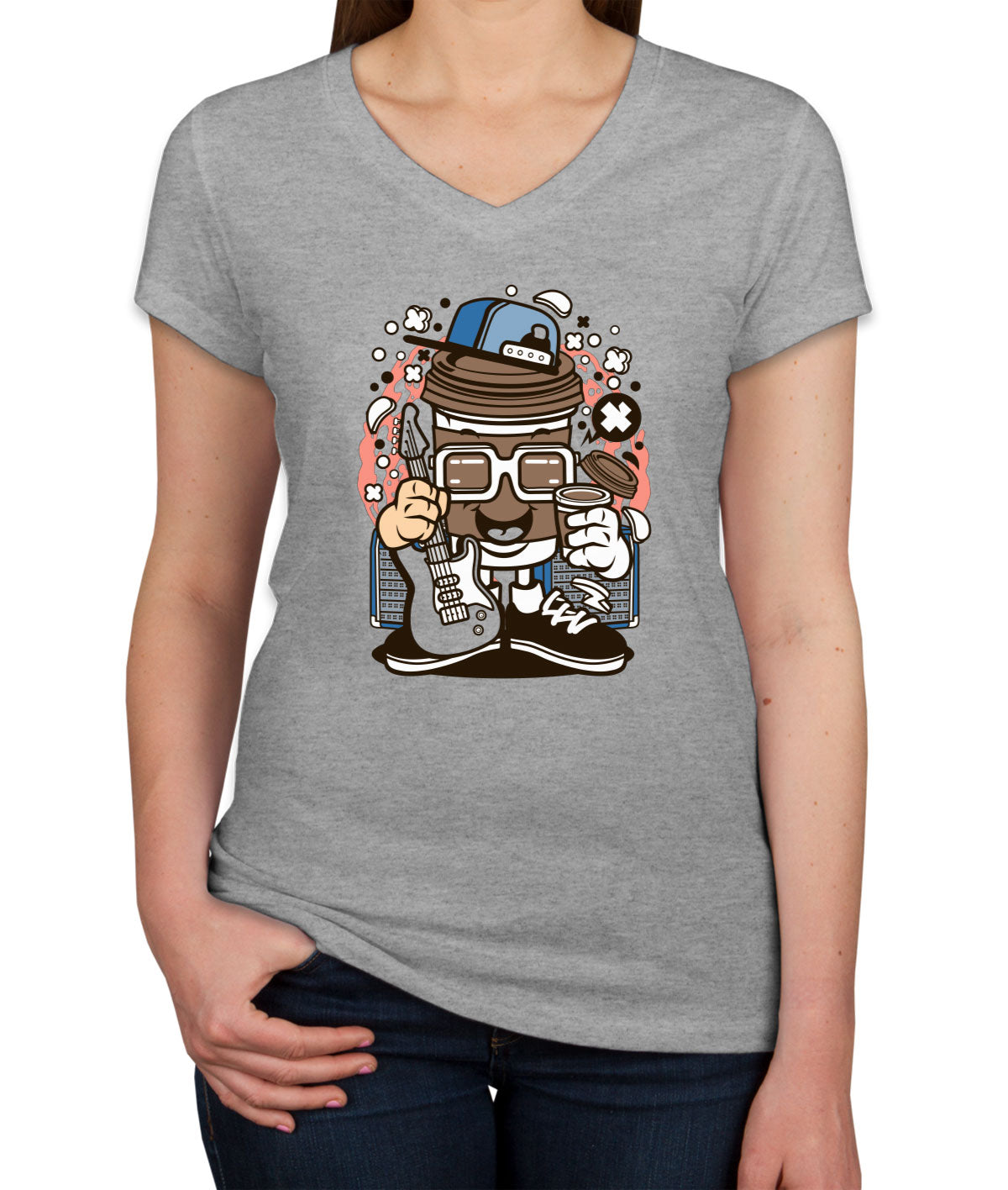 Coffee Cup Rock Cartoon Women's V Neck T-shirt