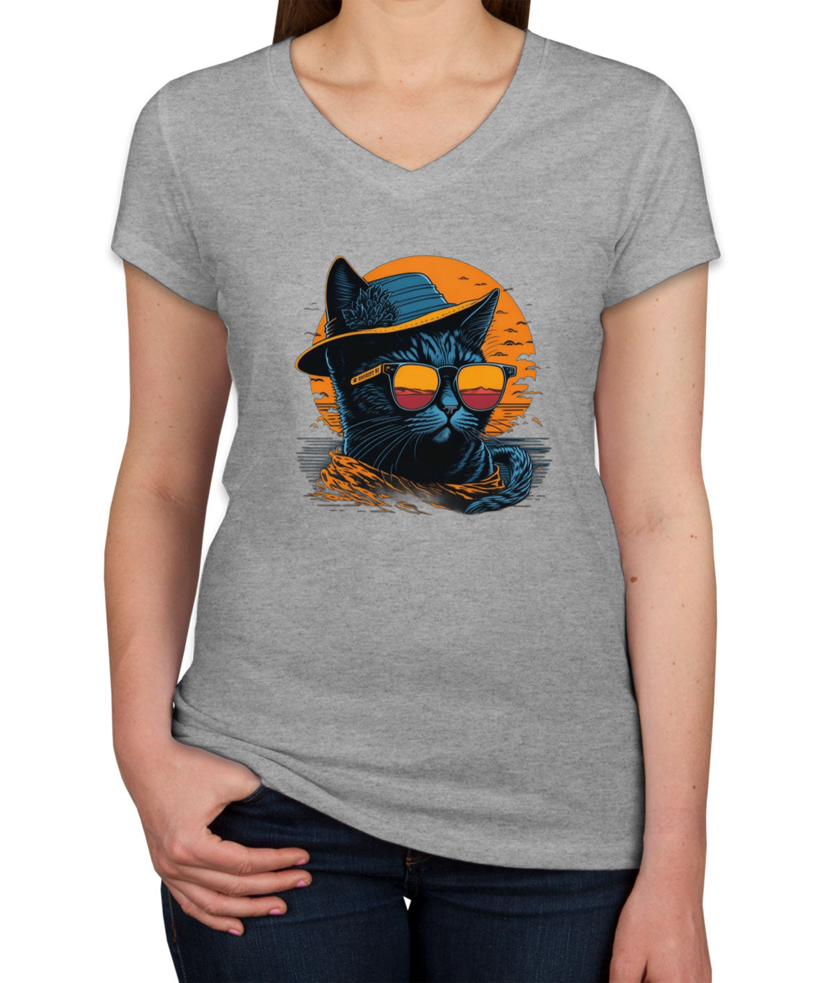 Cool Cat With Hat And Sunglasses Women's V Neck T-shirt