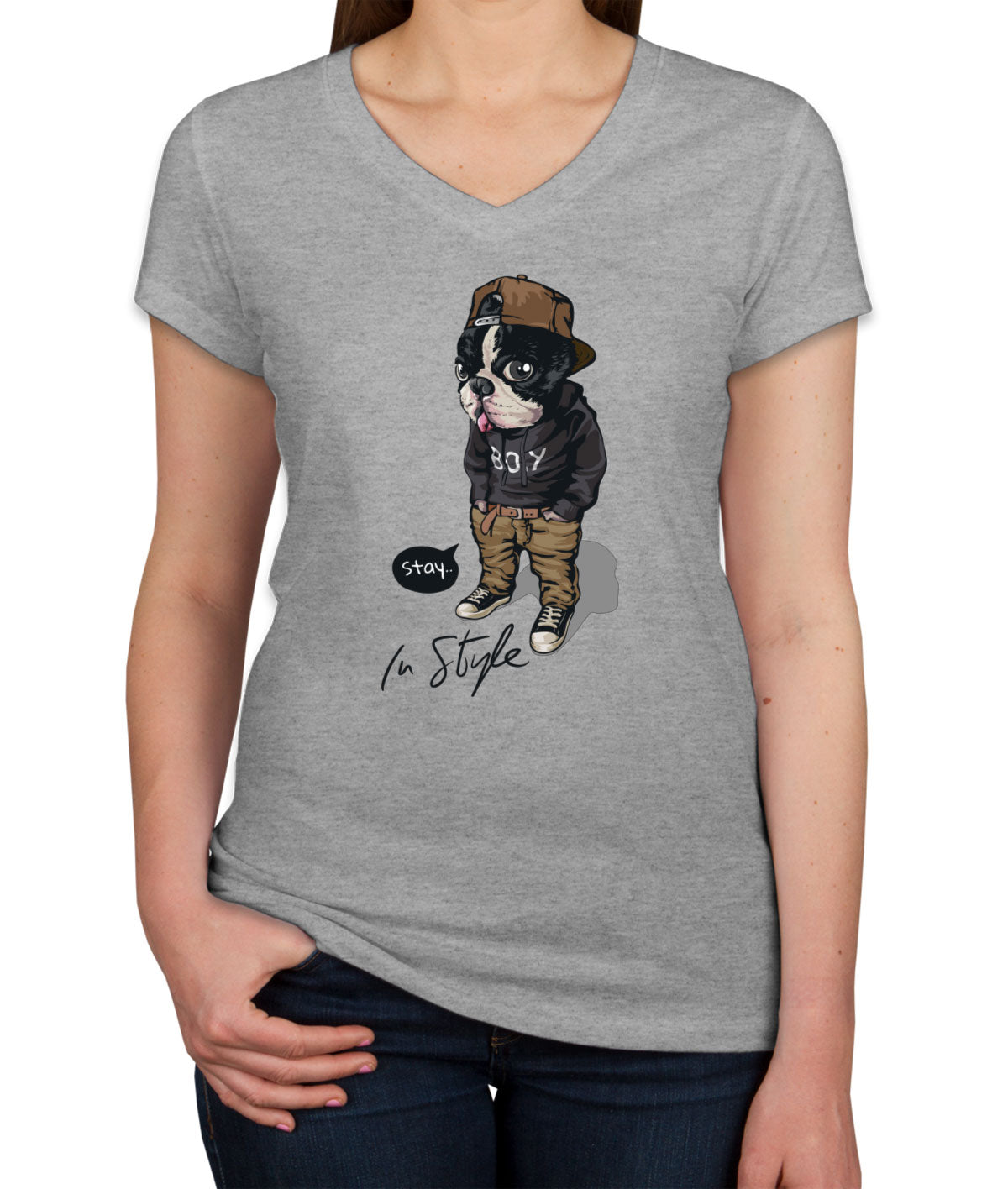 Cool Pug Boy Stay In Style Women's V Neck T-shirt