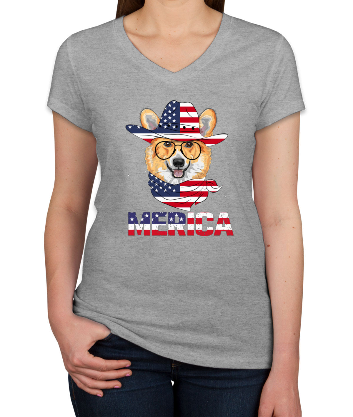 Corgi Merica Patriotic Women's V Neck T-shirt