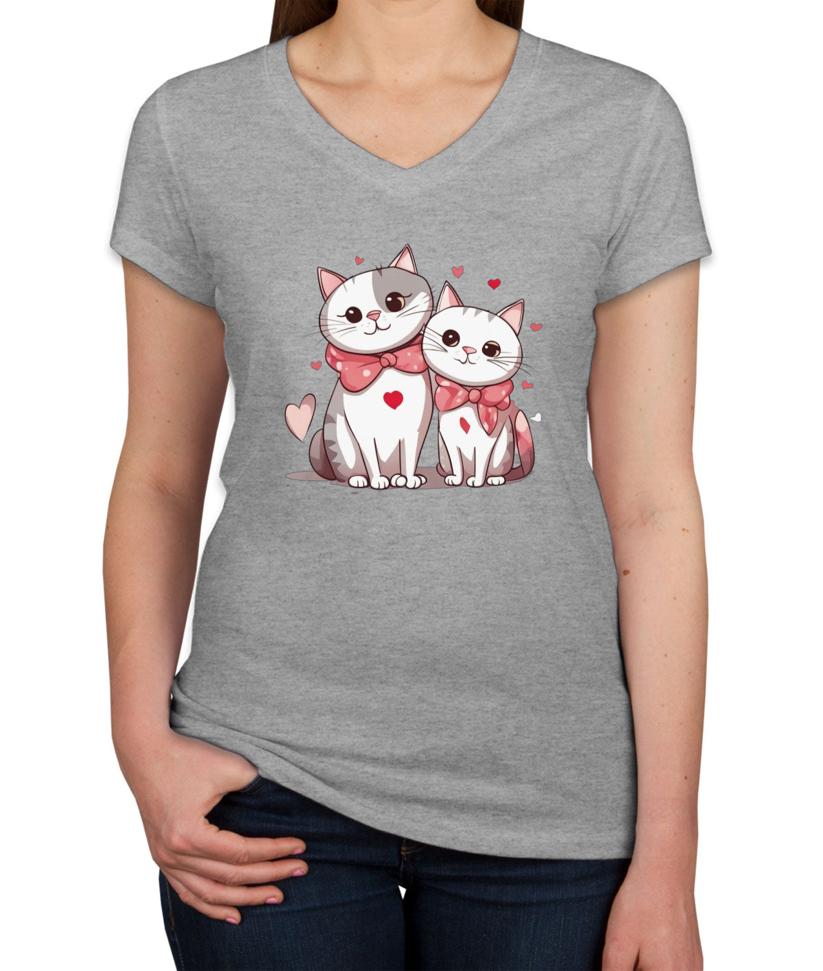 Cute Cat Couples Valentine's Day Women's V Neck T-shirt