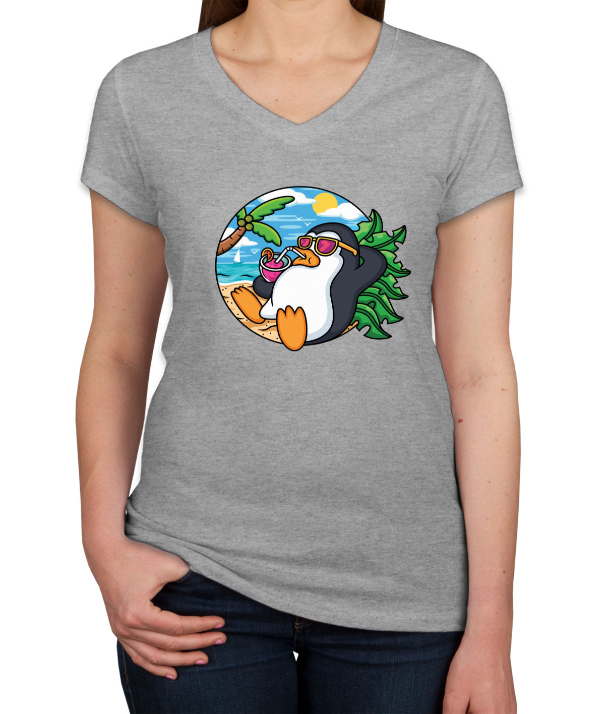 Cartoon Penguin On Vacation Women's V Neck T-shirt