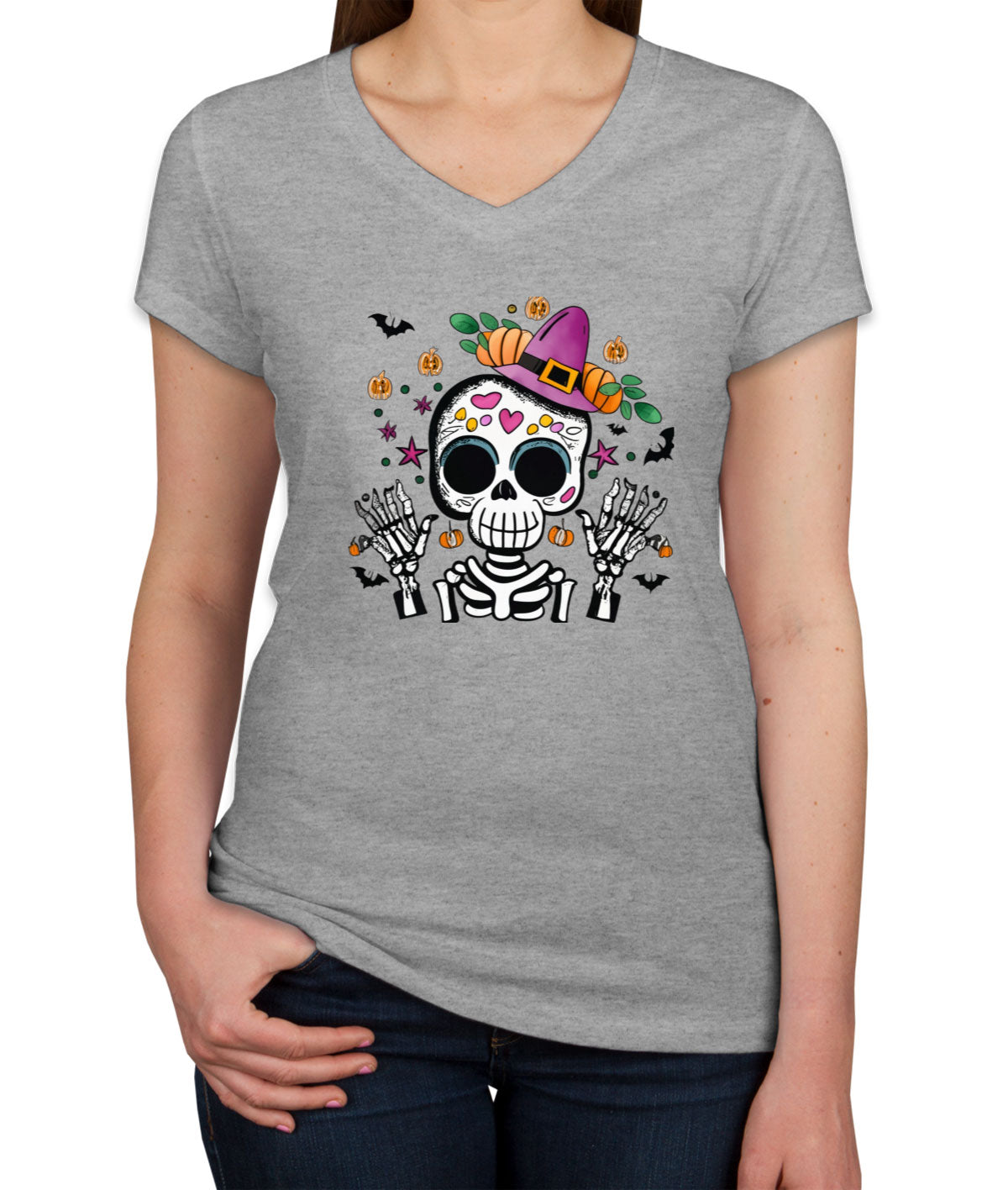 Cute Skeleton Halloween Women's V Neck T-shirt