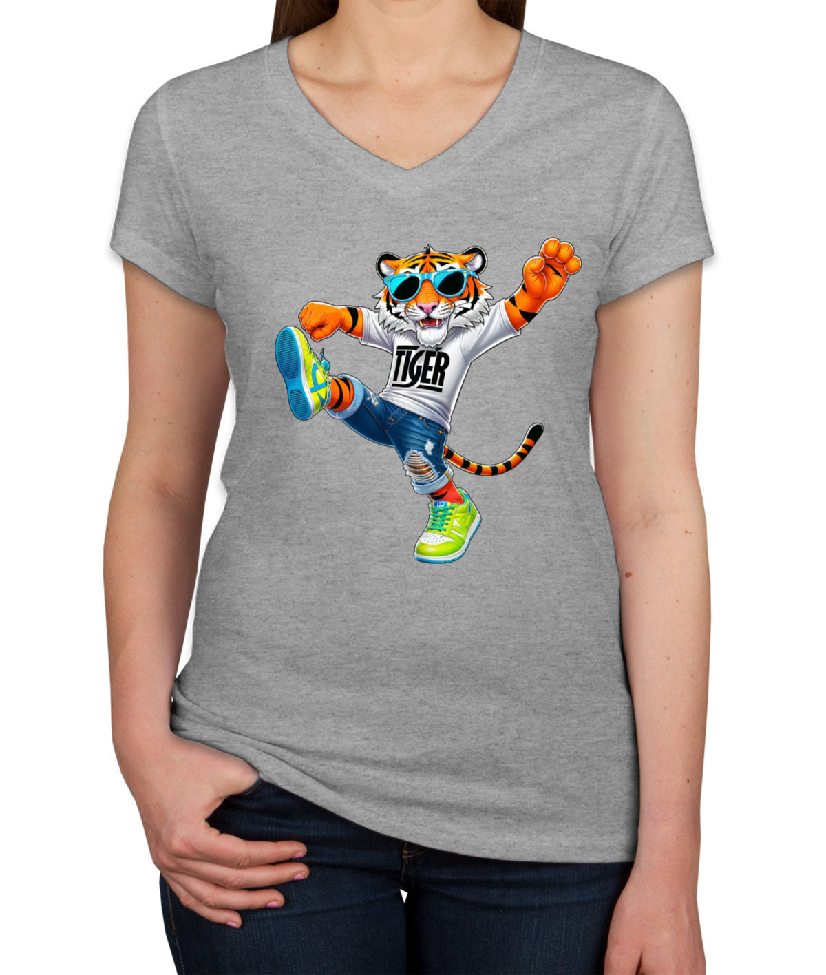 Dancing Tiger Women's V Neck T-shirt