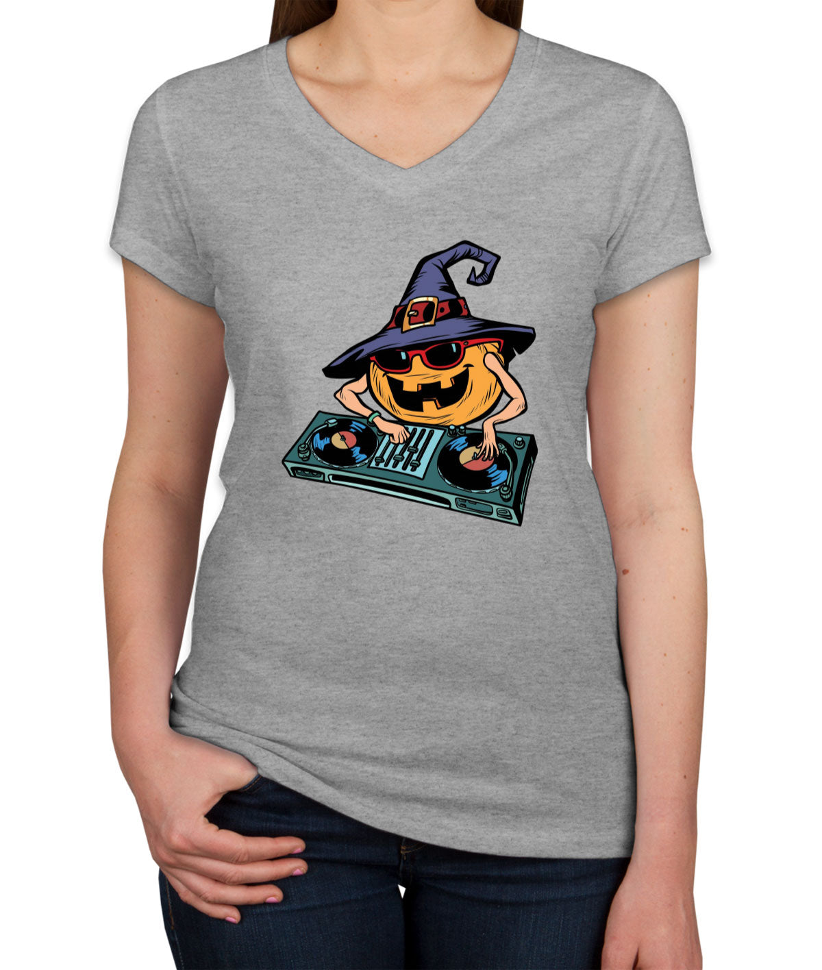 DJ Pumpkin Halloween Women's V Neck T-shirt