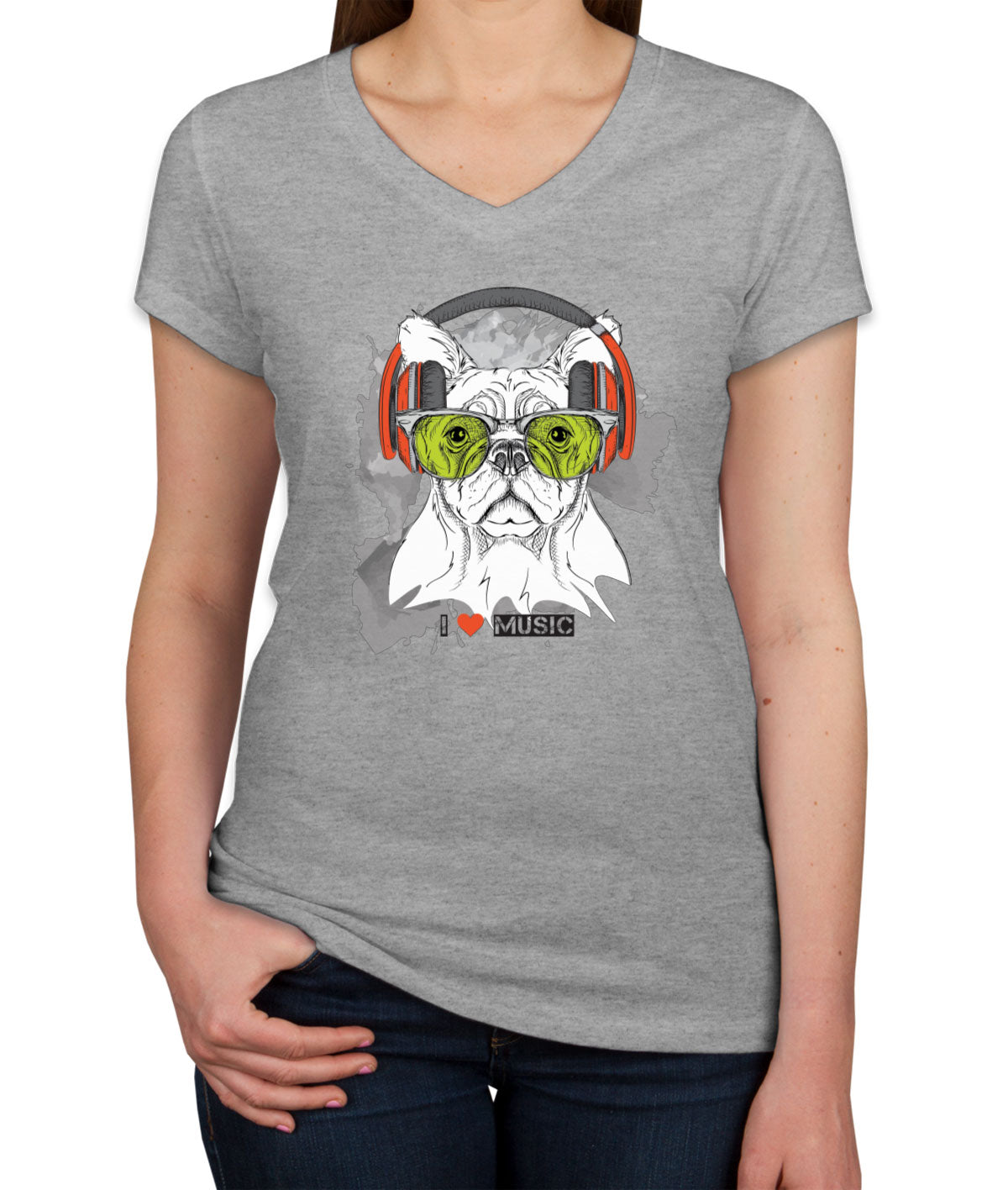I Love Music Dog With Headphones Women's V Neck T-shirt