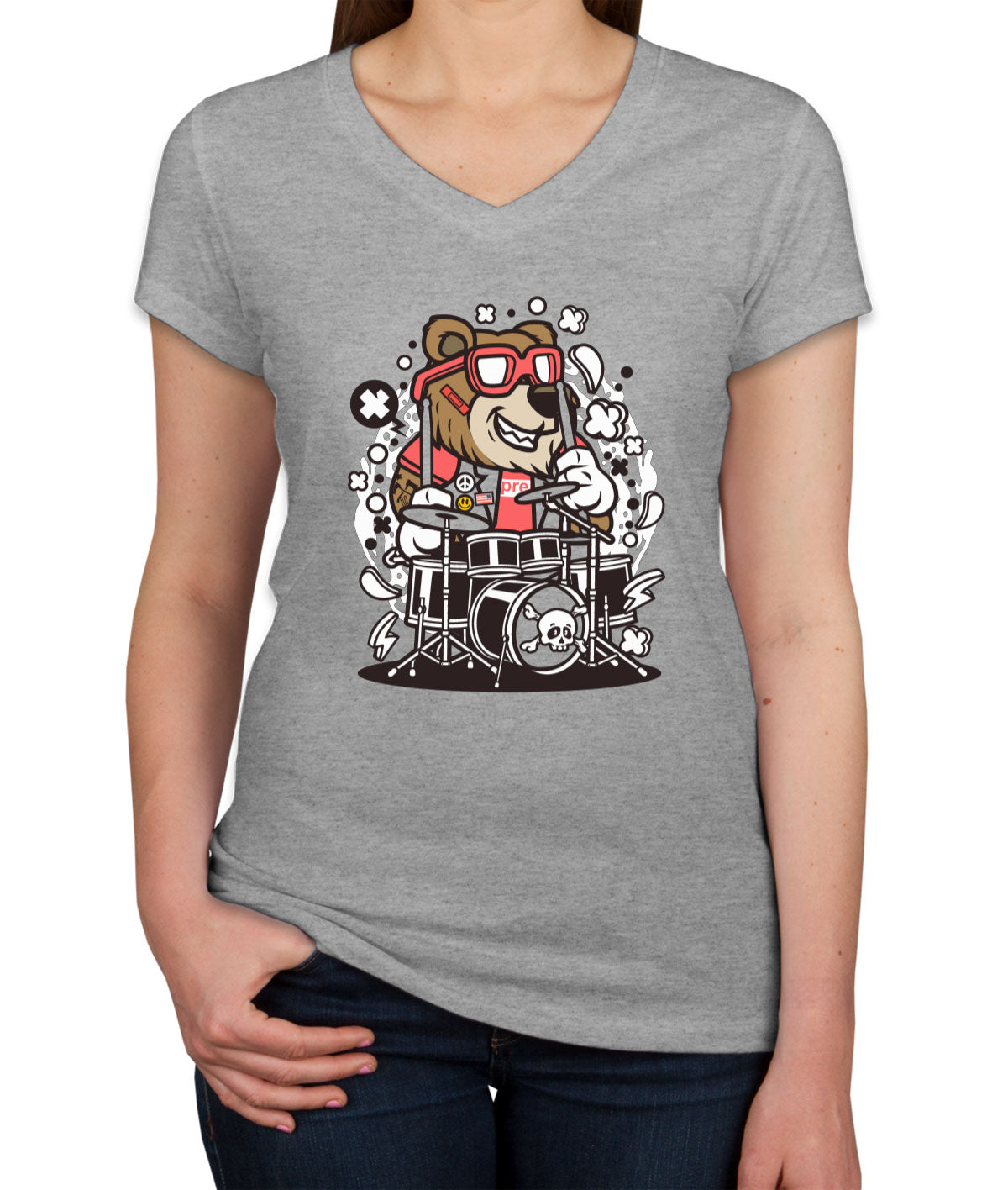 Cool Punk Rock Bear Drummer Women's V Neck T-shirt