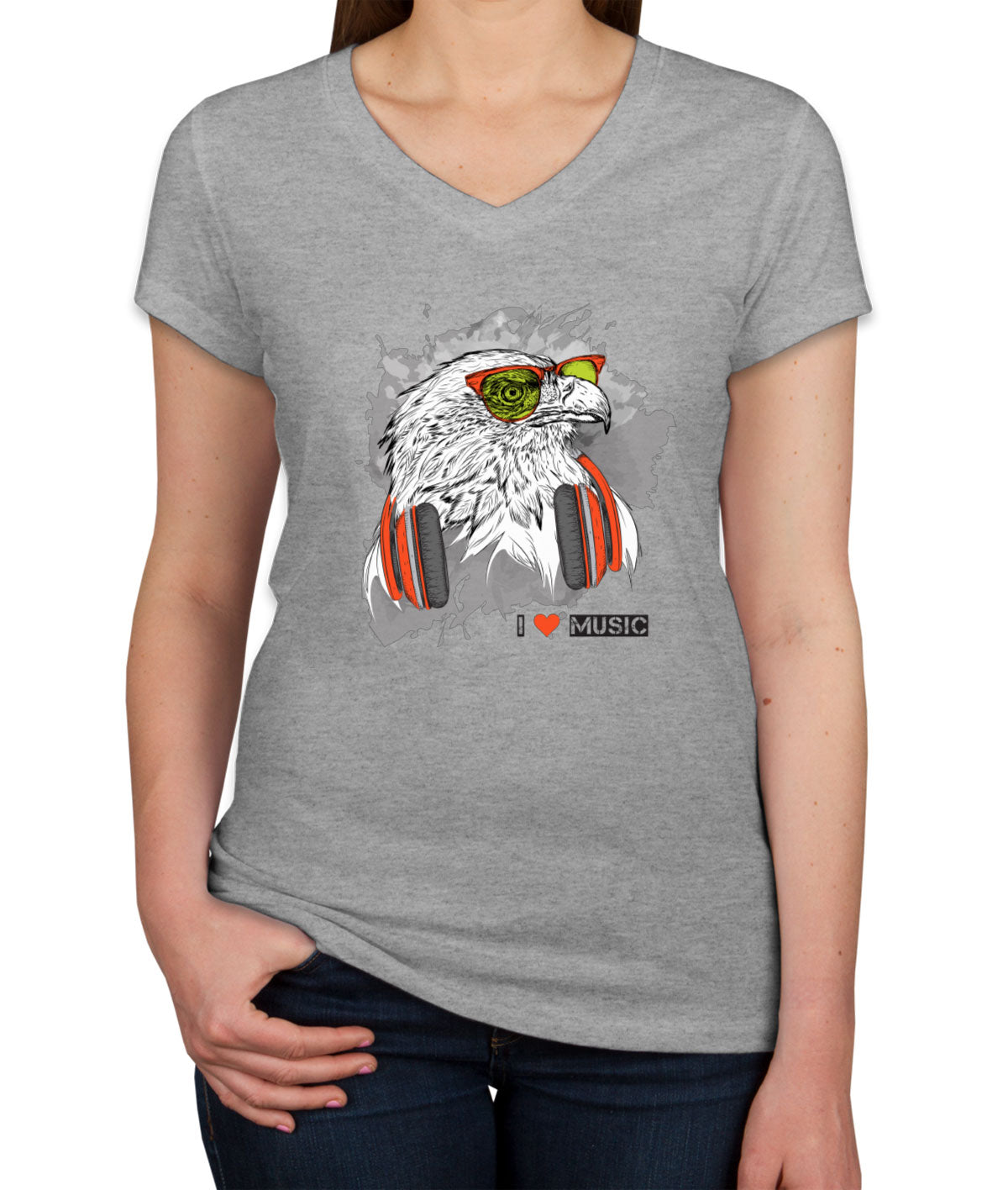 I Love Music Eagle With Headphones Women's V Neck T-shirt