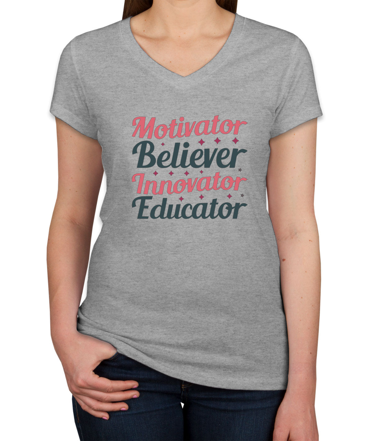 Motivator Believer Innovator Edicator Teacher Women's V Neck T-shirt