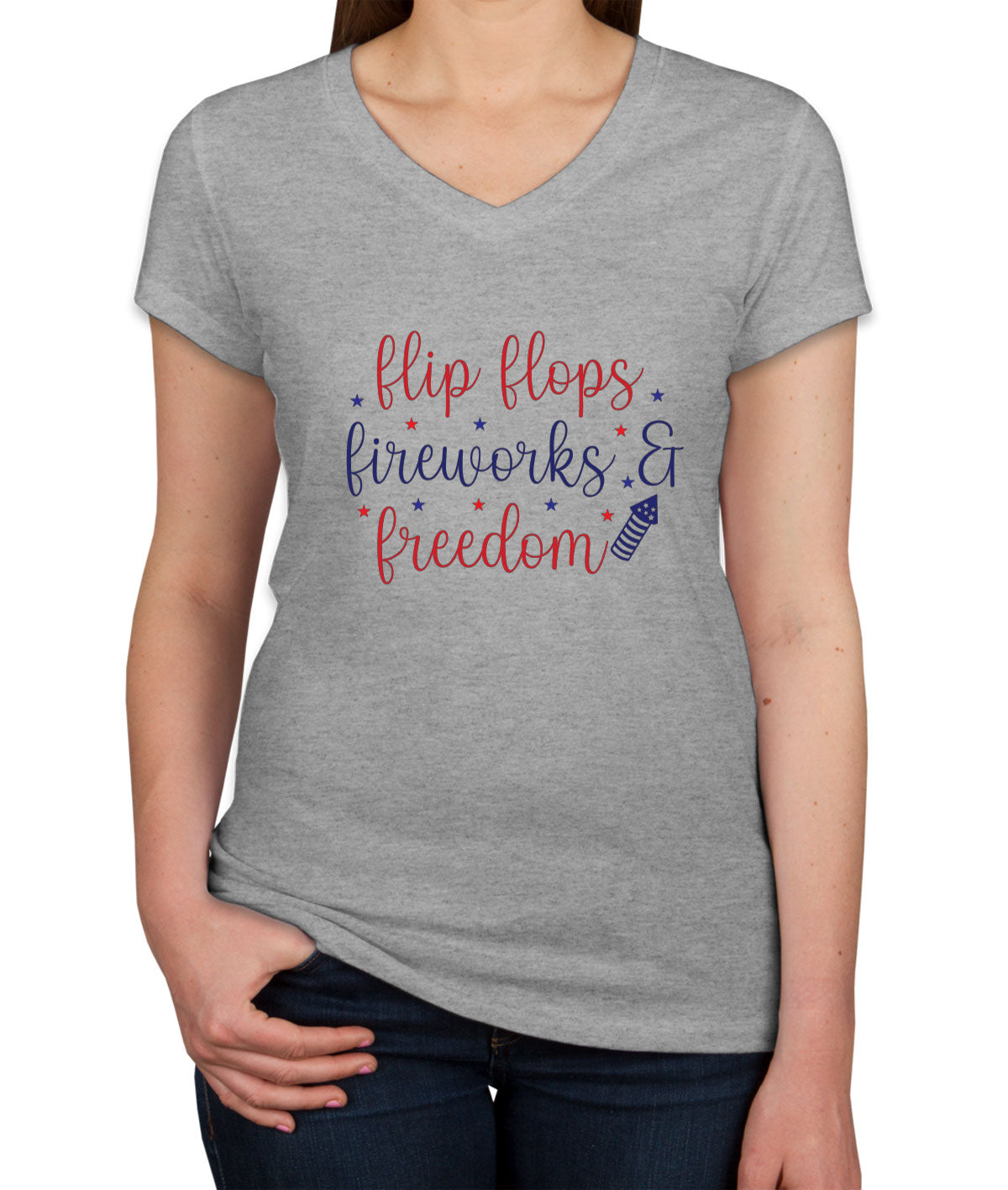 Flip Flops Fireworks And Freedom Patriotic Women's V Neck T-shirt