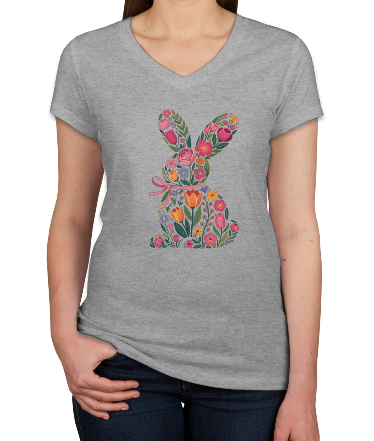 Floral Bunny Easter Women's V Neck T-shirt