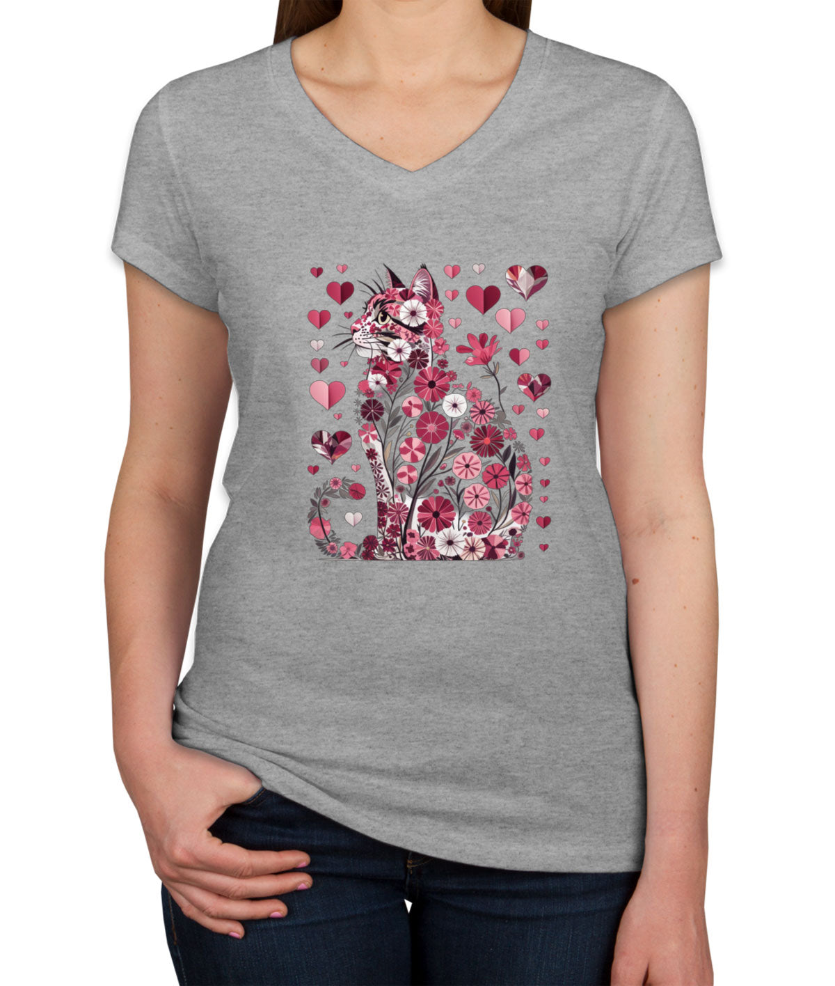 Floral Cat Valentine's Day Women's V Neck T-shirt