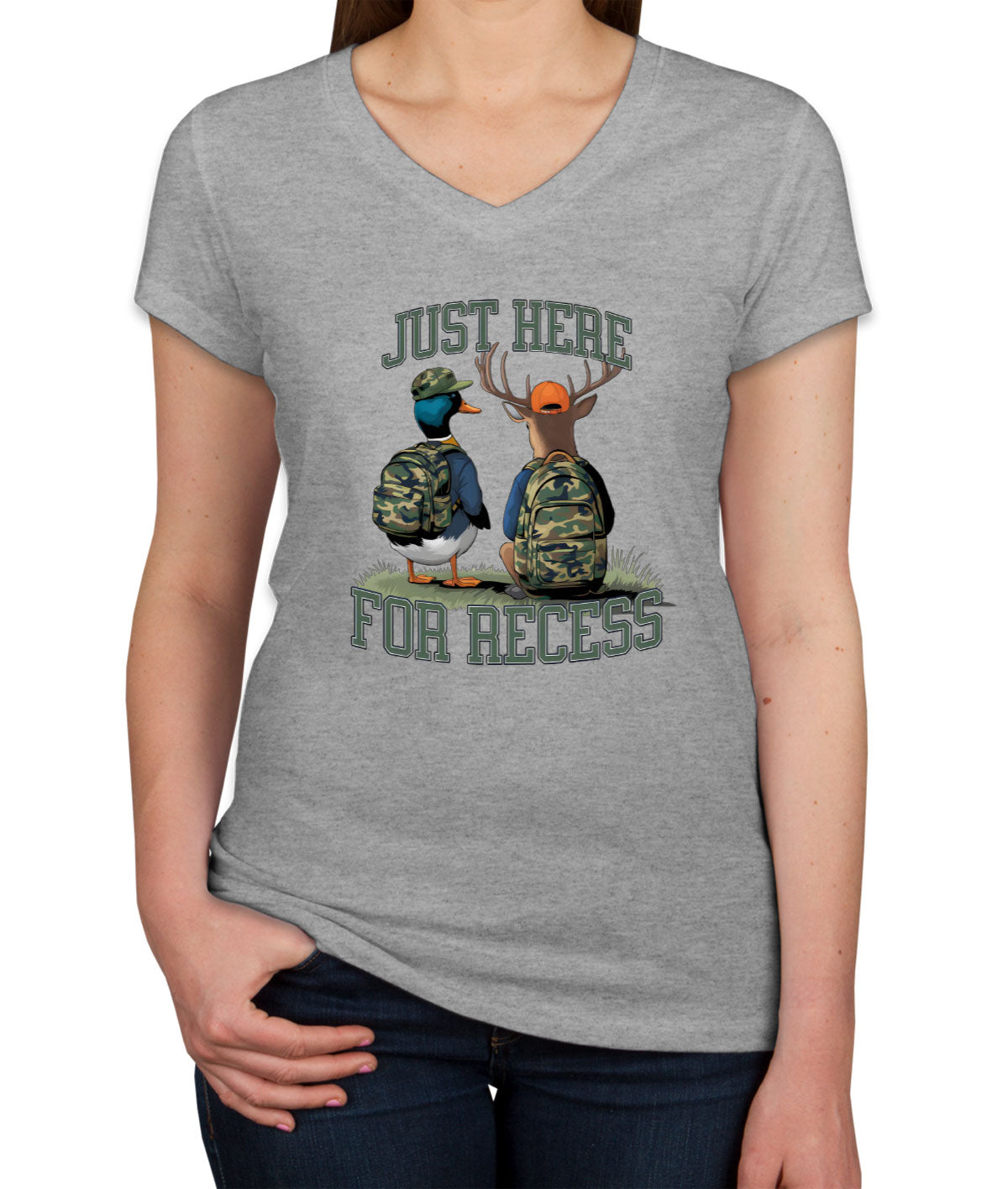 Just Here For Recess Duck And Deer Hunting Women's V Neck T-shirt