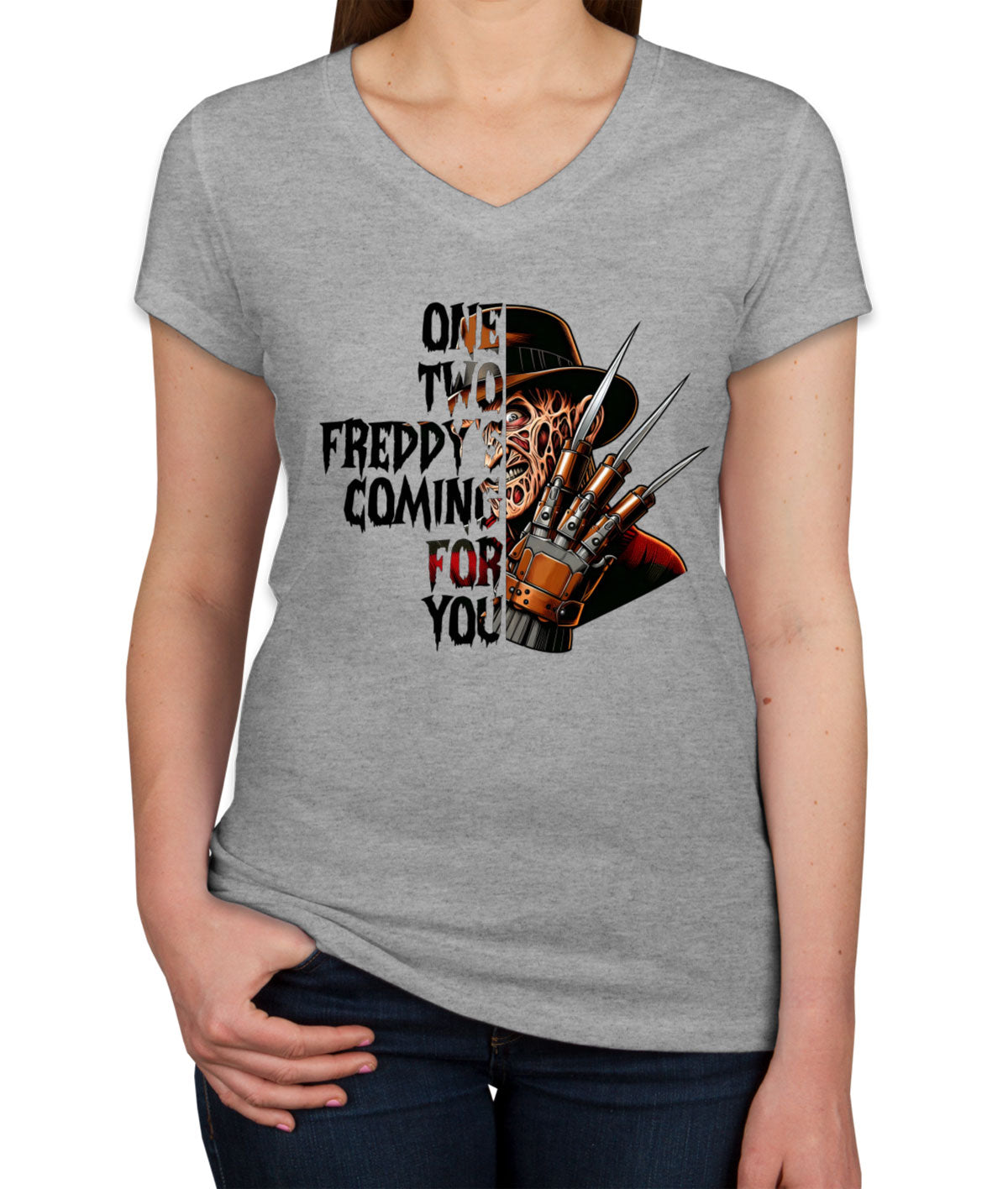 One Two Freddy's Coming For You Halloween Women's V Neck T-shirt