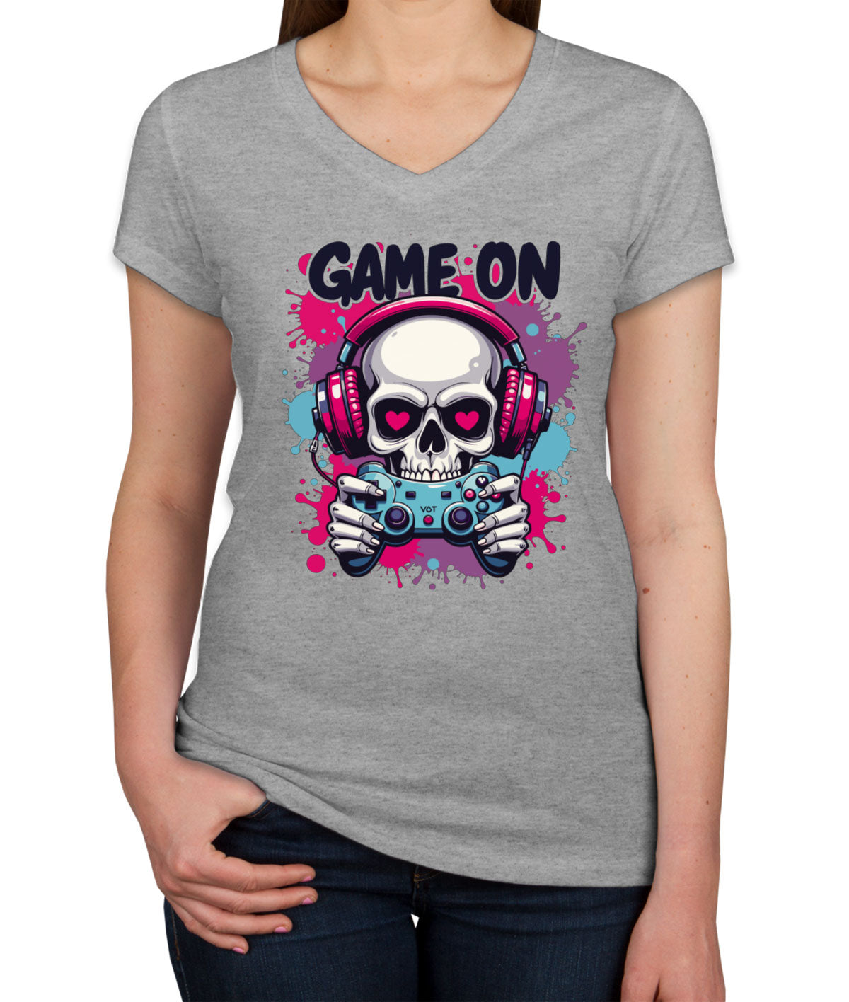 Game On Skull Women's V Neck T-shirt