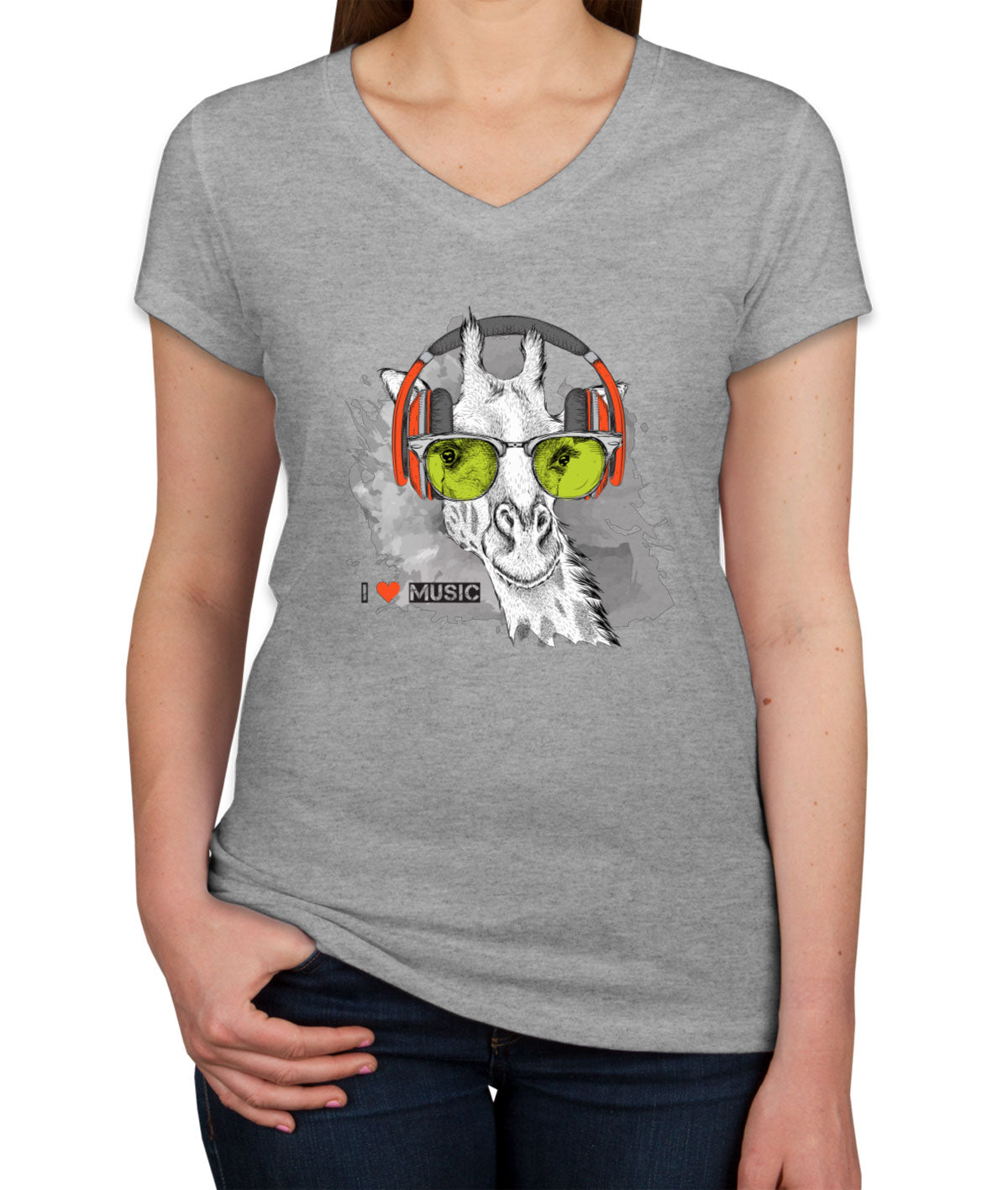 I Love Music Giraffe With Headphones Women's V Neck T-shirt