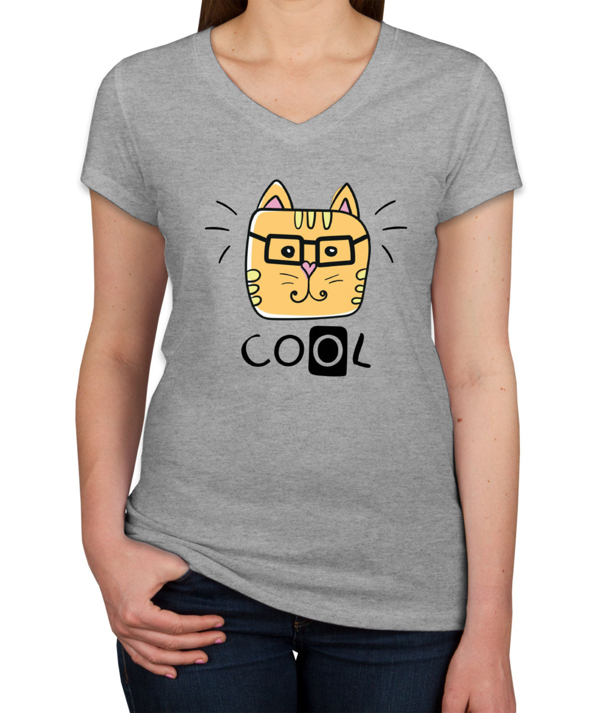 Handdrawing Cool Cat Women's V Neck T-shirt