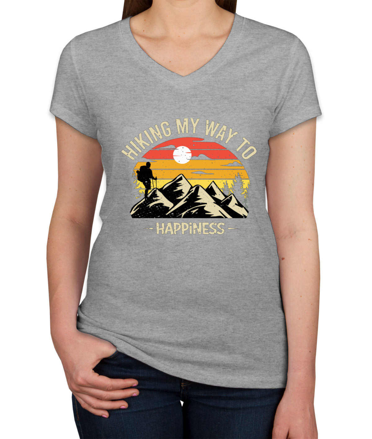 Hiking My Way To Happiness Women's V Neck T-shirt