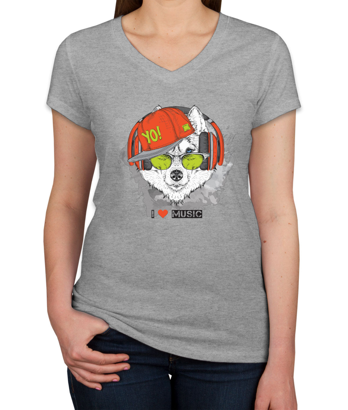 I Love Music Husky With Headphones Women's V Neck T-shirt