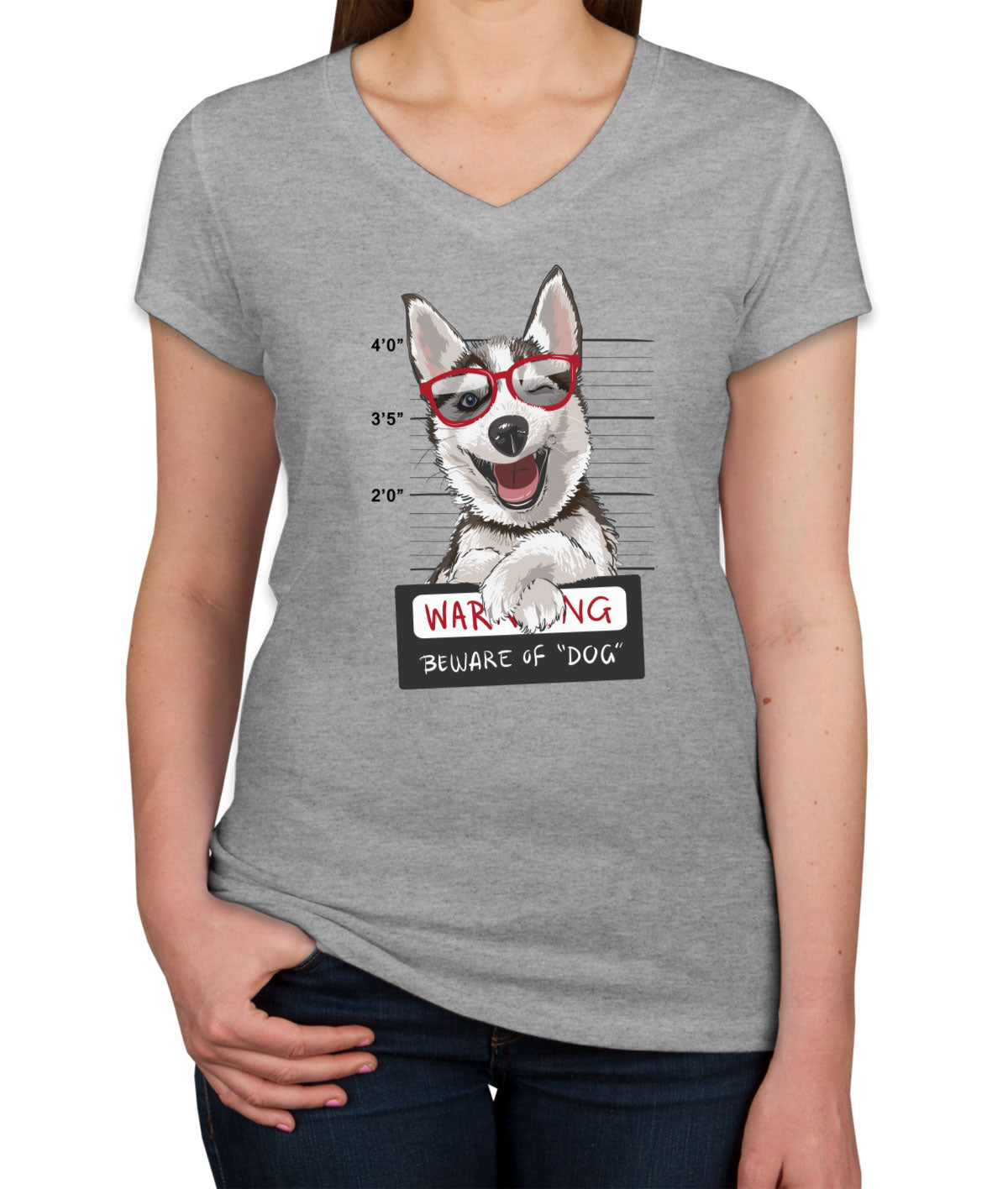 Happy Husky Dog Mugshot Women's V Neck T-shirt