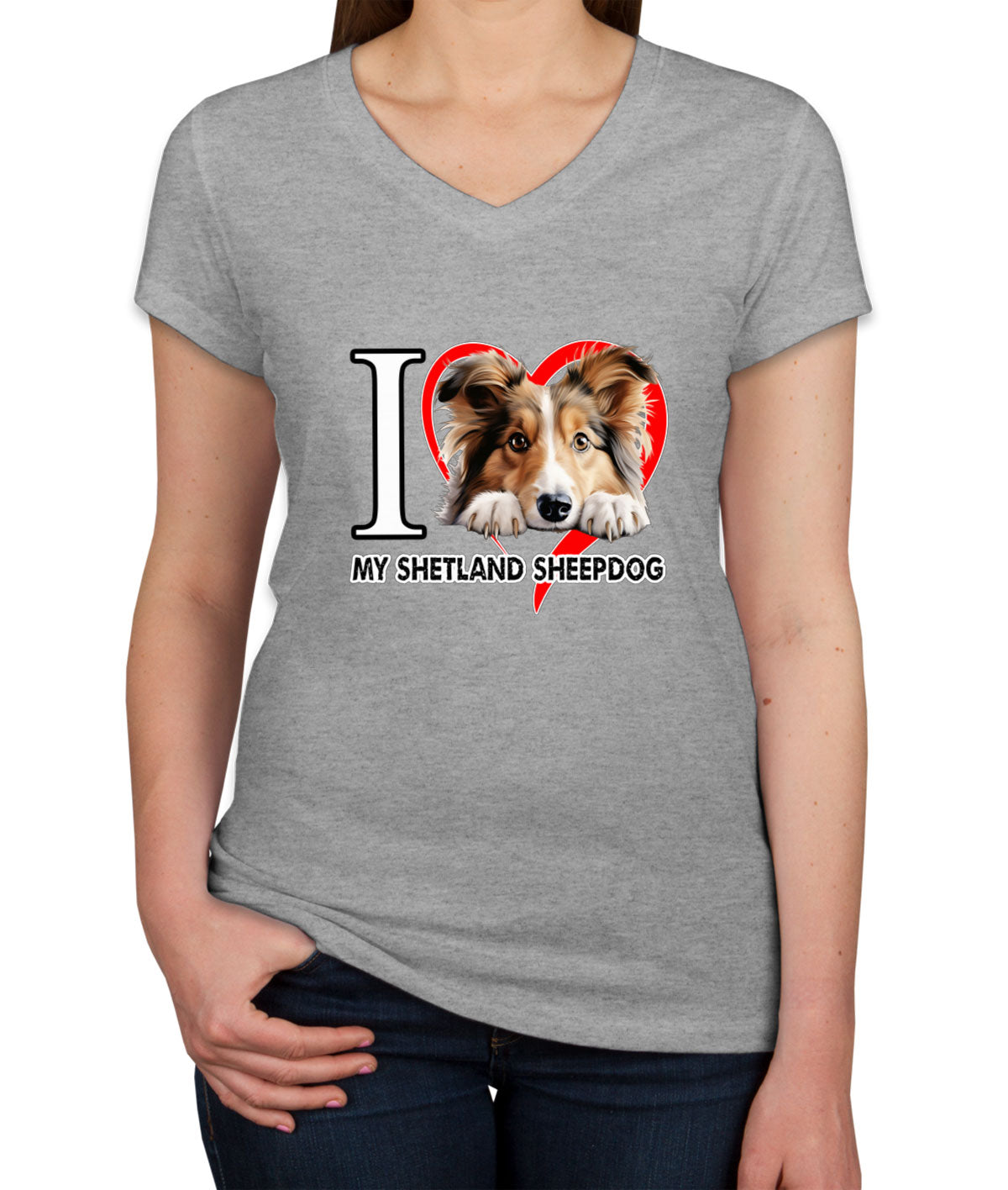 I Love My Shetland Sheepdog Dog Women's V Neck T-shirt