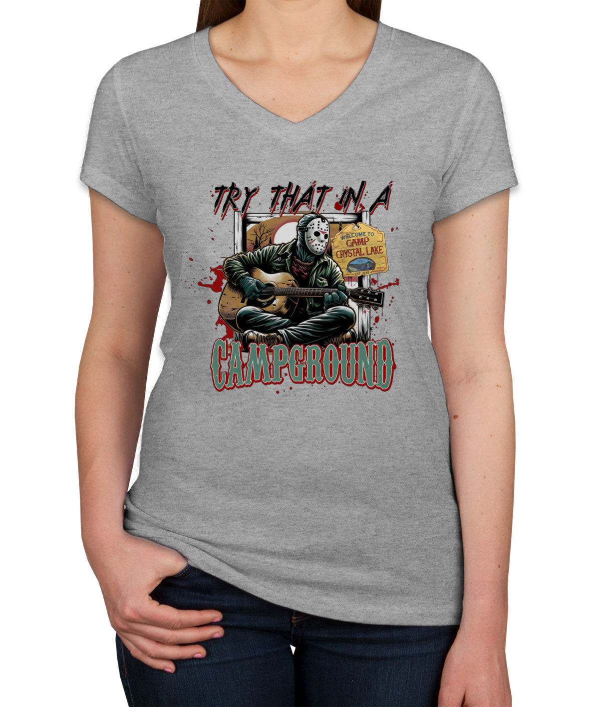 Try That In A Campground Jason Halloween Women's V Neck T-shirt