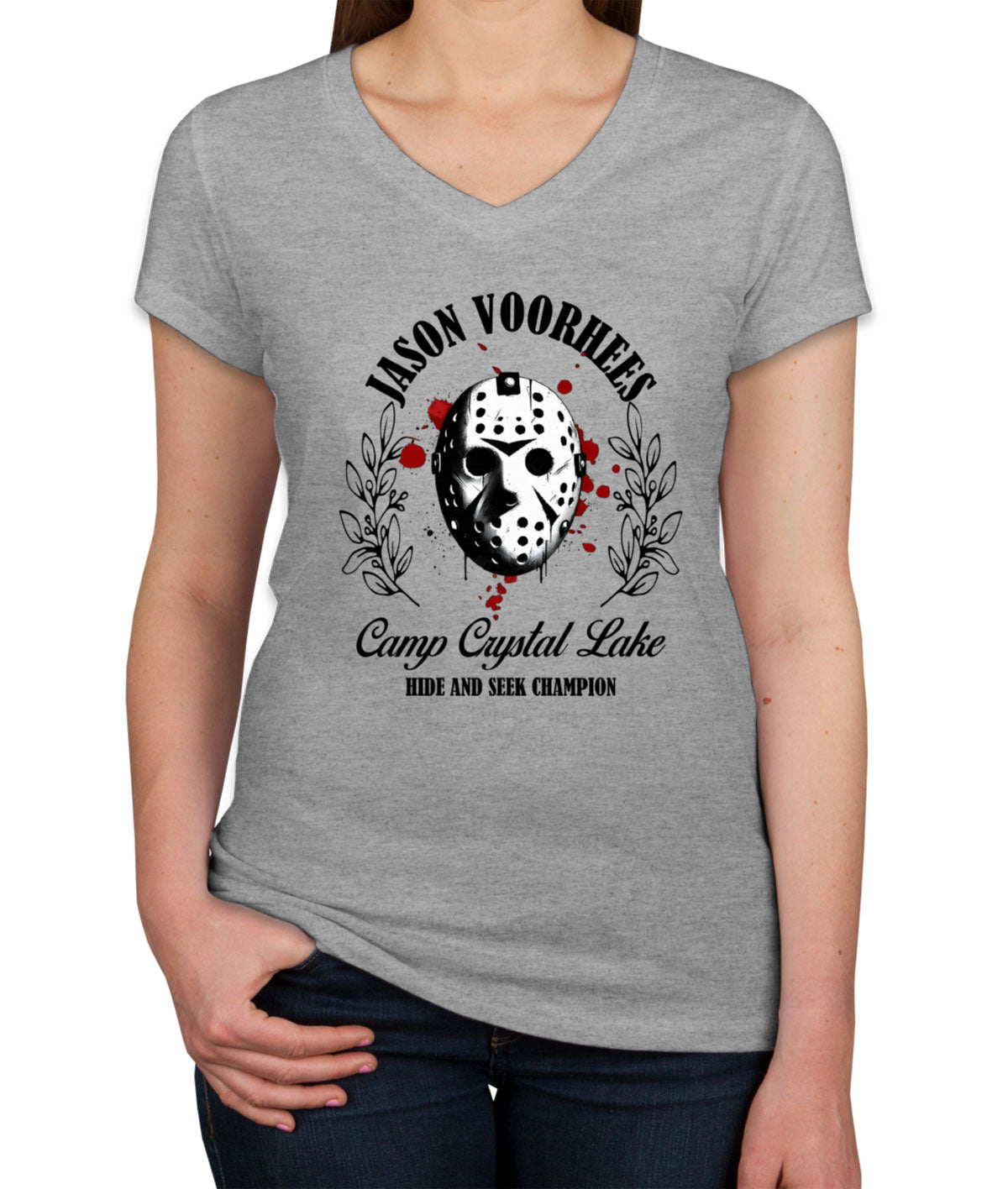 Jason Camp Crystal Lake Hide And Seek Champion Halloween Women's V Neck T-shirt