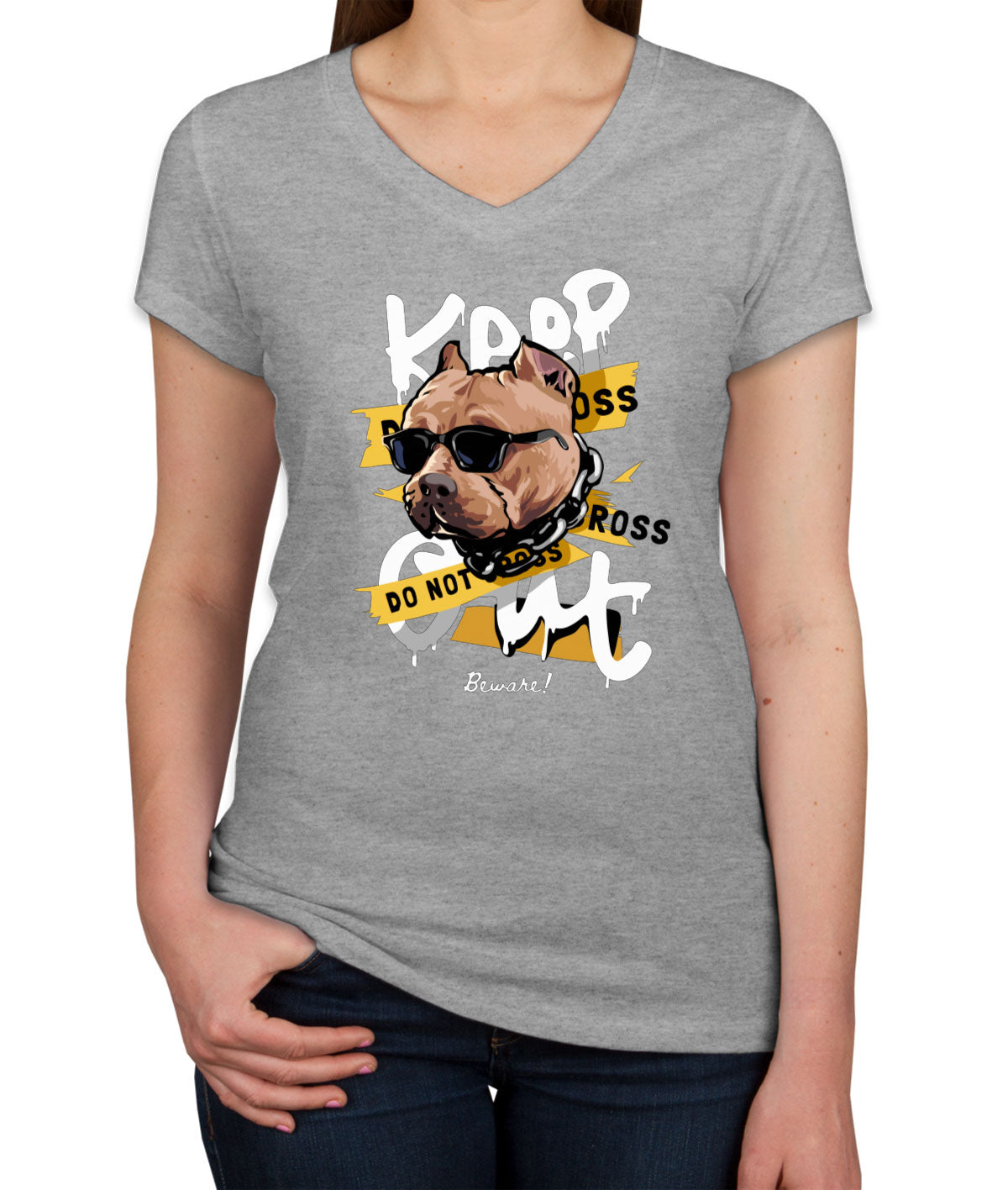 Keep Out Pitbull Dog Women's V Neck T-shirt