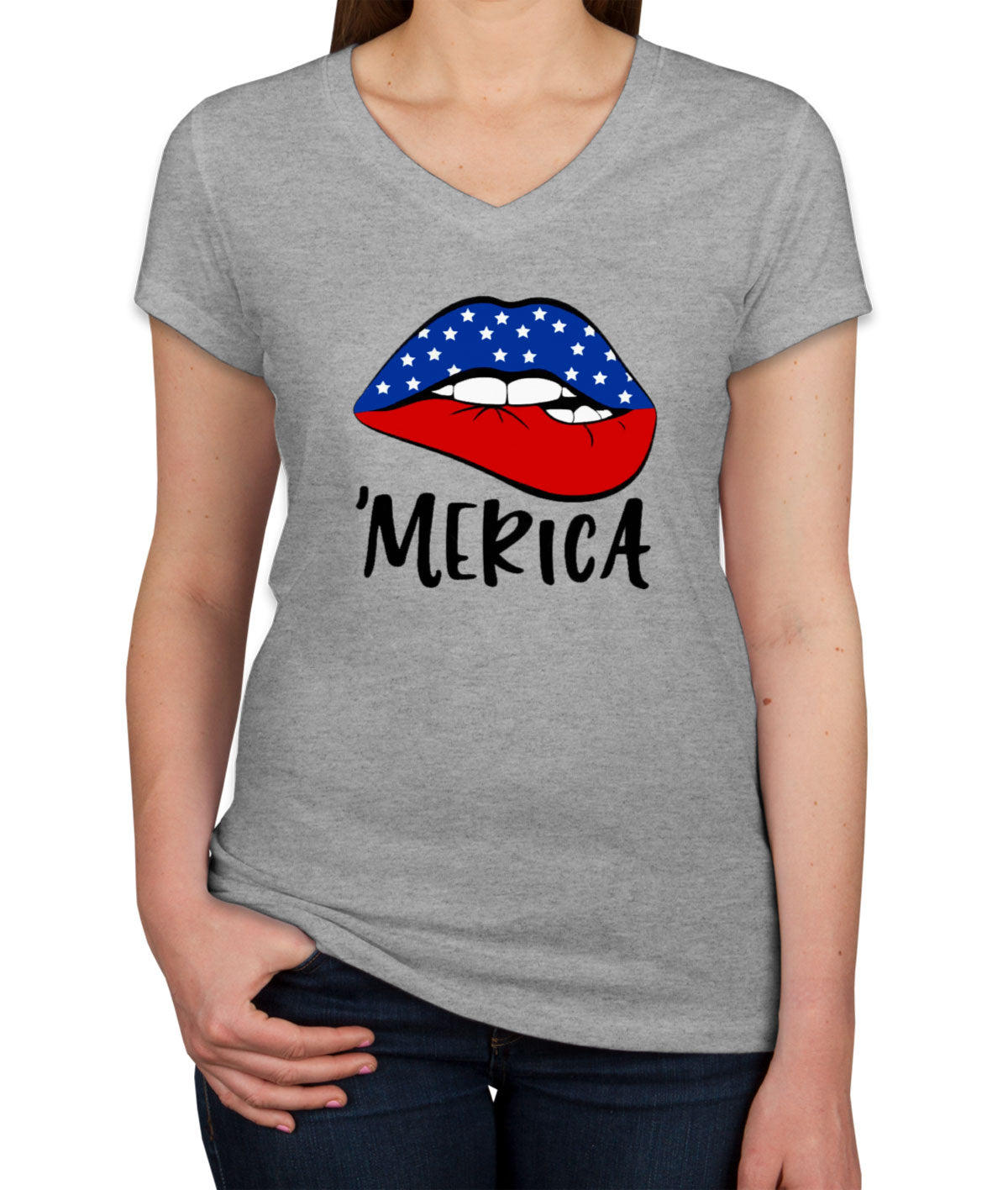 Lipstick Merica American Flag Patriotic Women's V Neck T-shirt