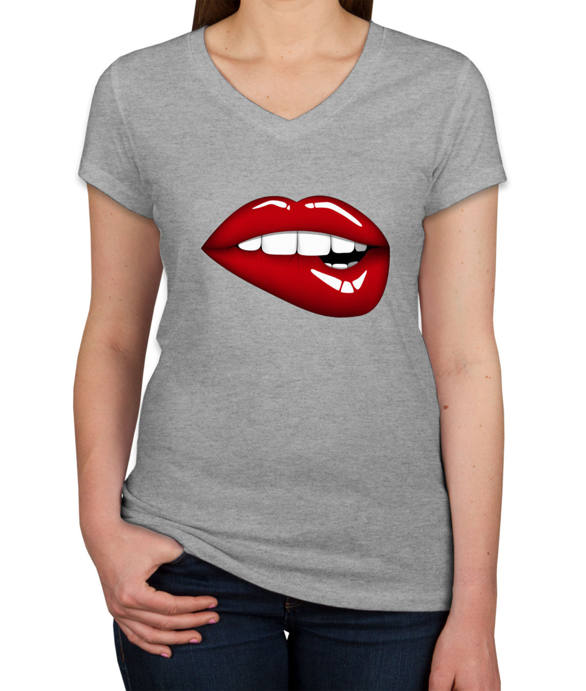 Glossy Lipstick Women's V Neck T-shirt