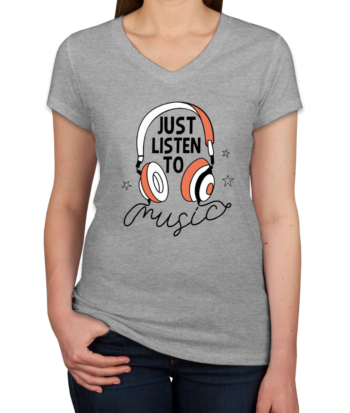 Just Listen To Music Headphone Women's V Neck T-shirt