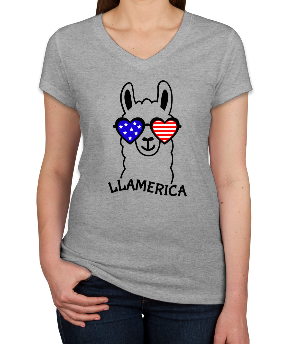 Llama America Patriotic Women's V Neck T-shirt