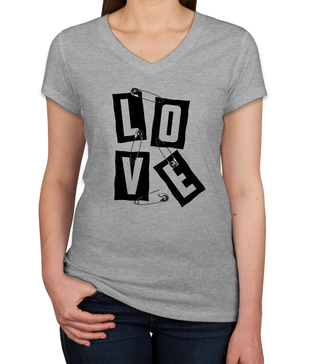 Love Slogan On Ripped Paper And Secured By Safety Pin Women's V Neck T-shirt