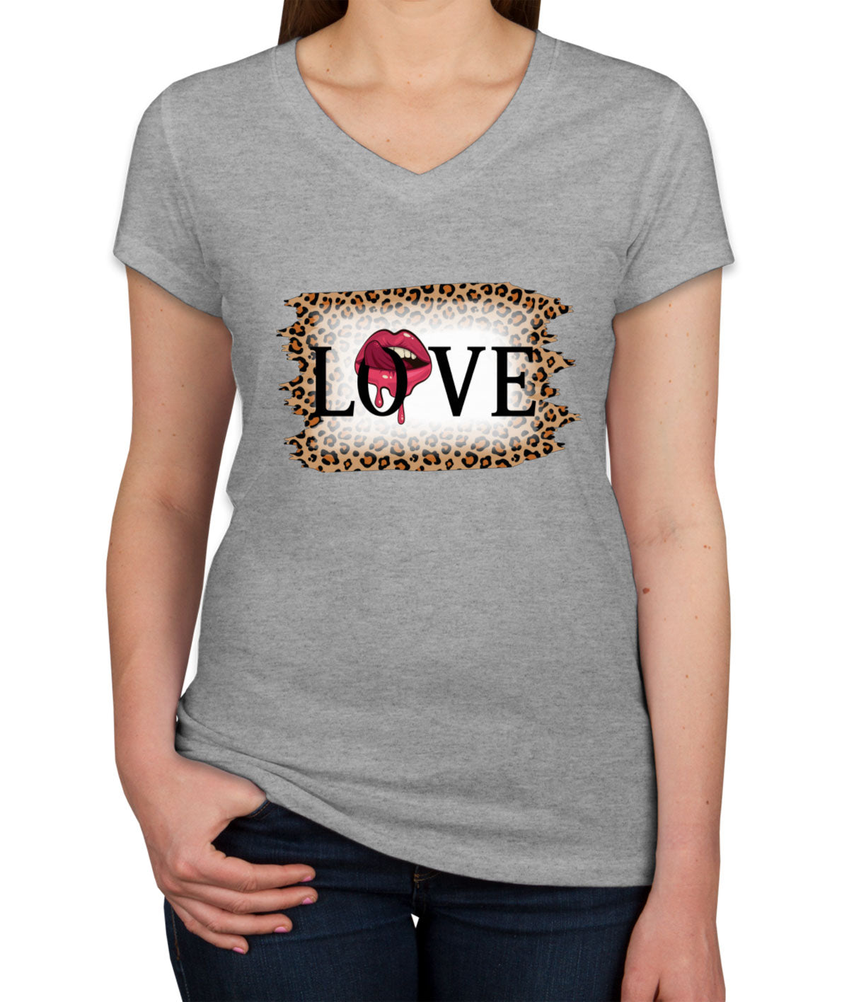 Love Tongue Lipstick Leopard Print Valentine's Day Women's V Neck T-shirt