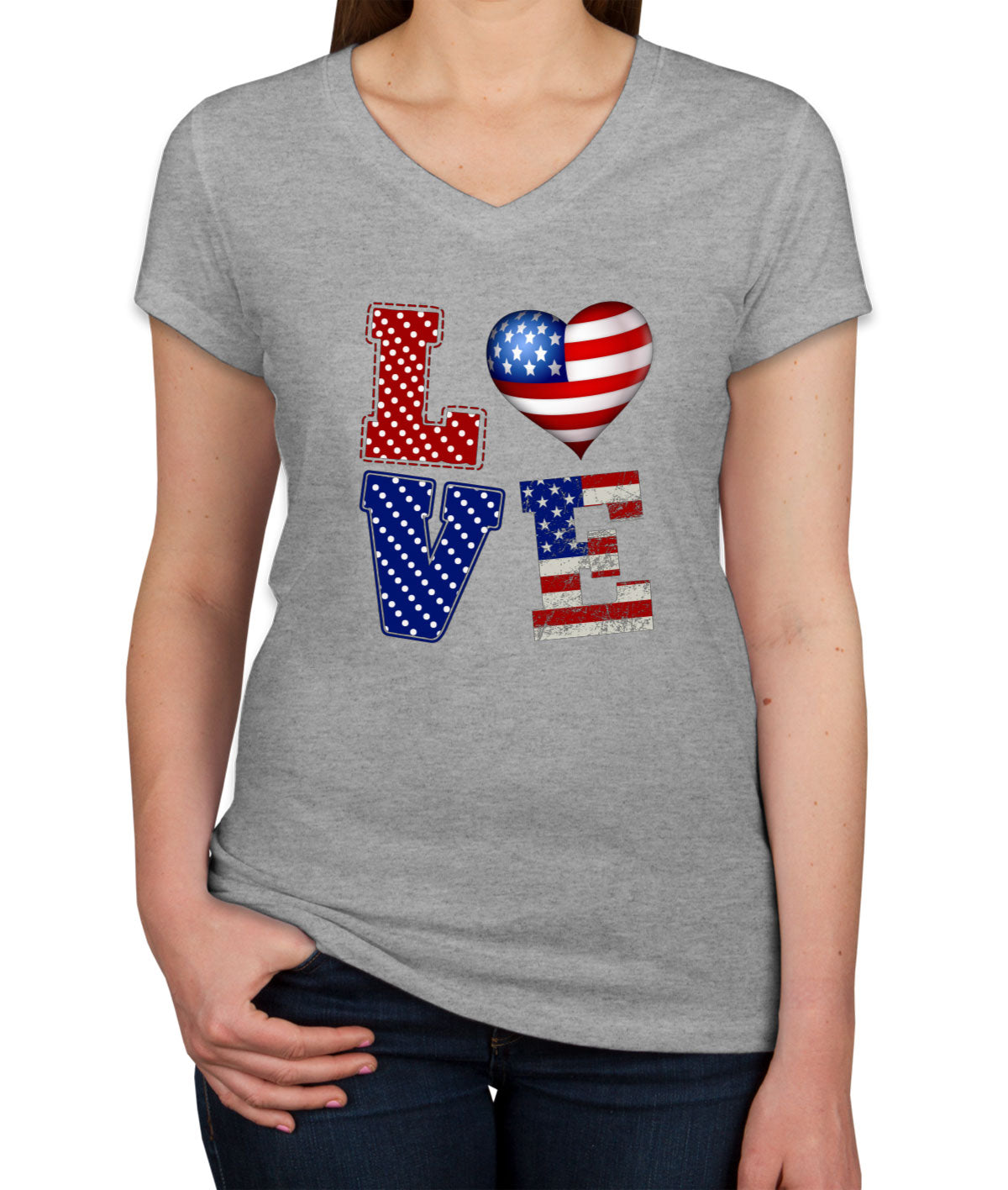 Love USA America Patriotic Women's V Neck T-shirt