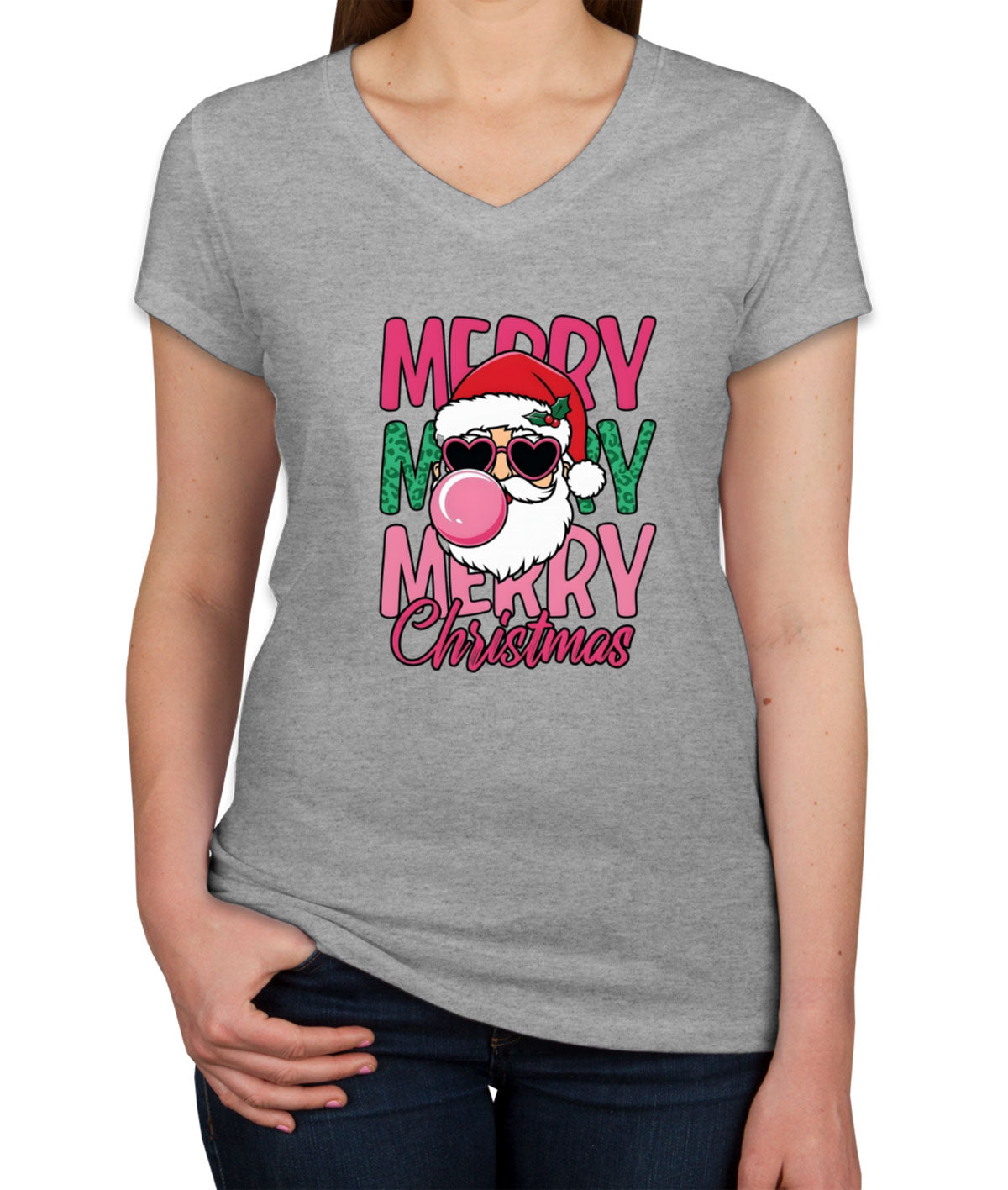 Santa Bubble Gum Merry Christmas Women's V Neck T-shirt
