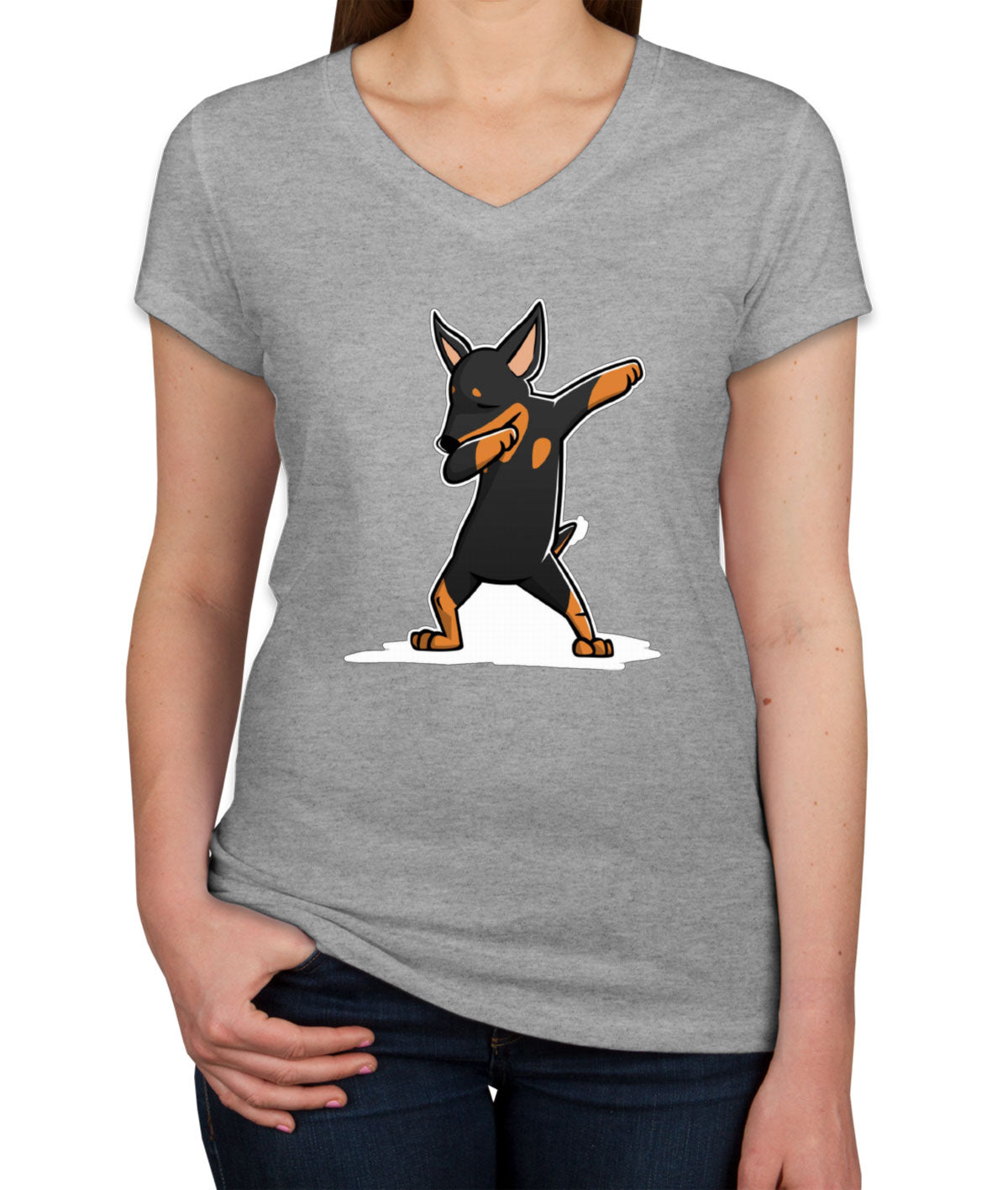 Dabbing Miniature Pinscher Dog Women's V Neck T-shirt