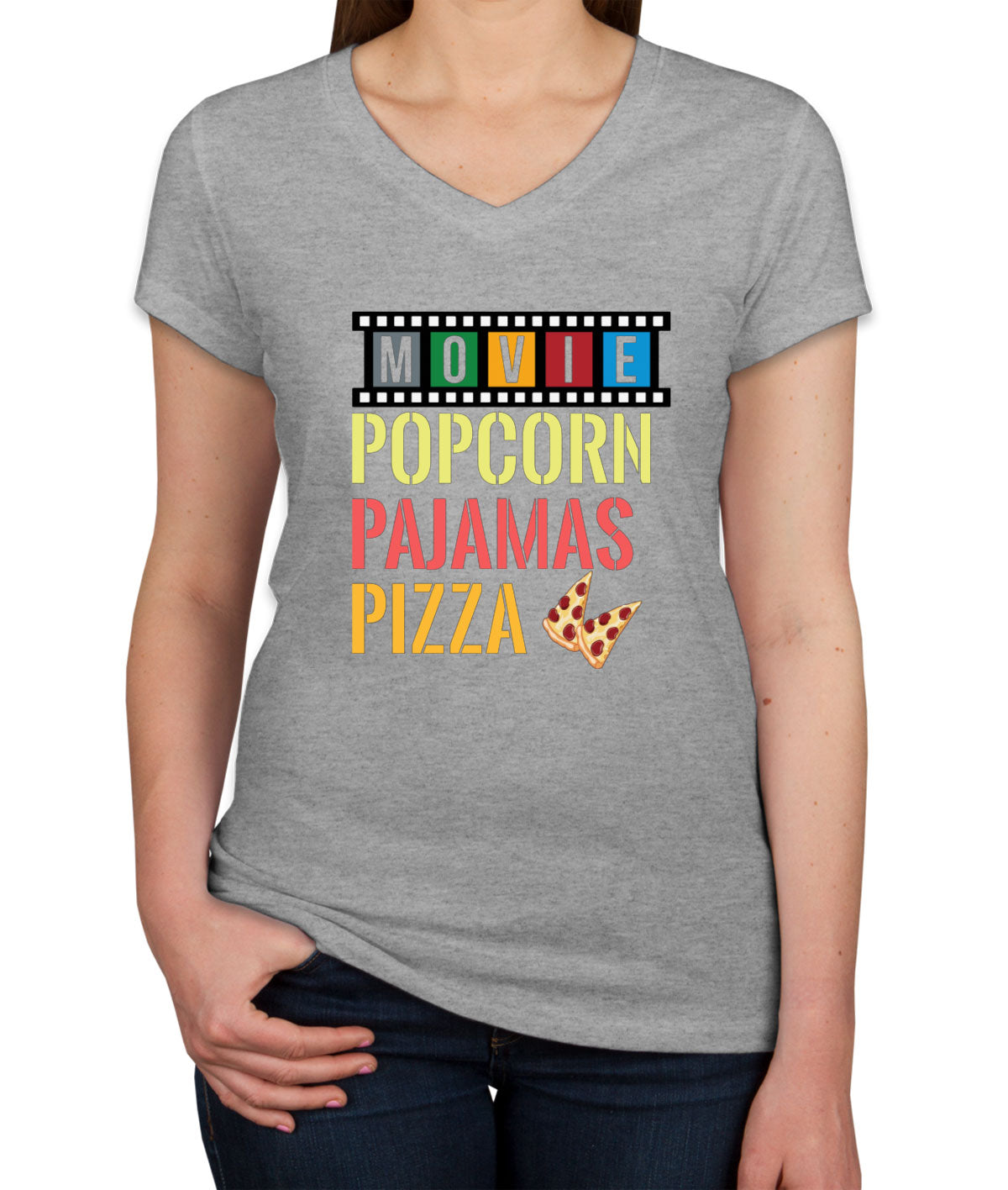 Movie Popcorn Pajamas Pizza  Women's V Neck T-shirt