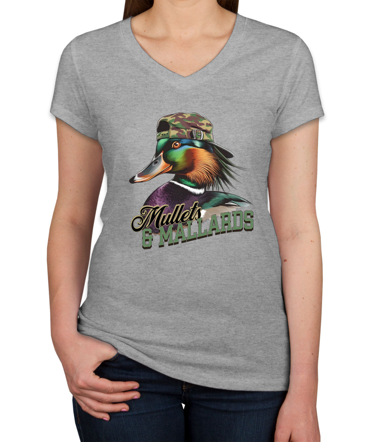 Mullets And Mallards Duck Hunting Women's V Neck T-shirt