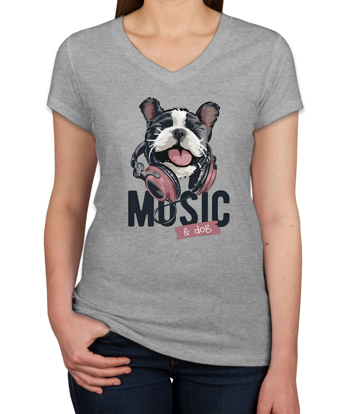 Music And Dog Women's V Neck T-shirt