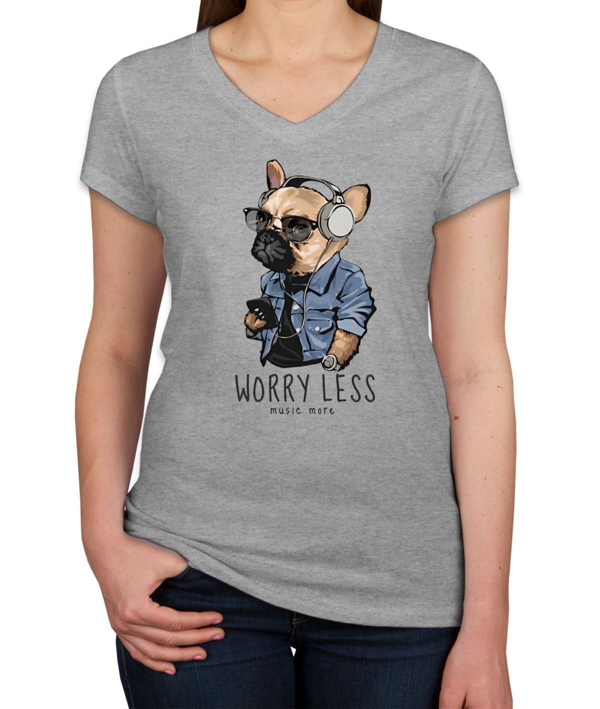 Worry Less Music More Pug Dog Women's V Neck T-shirt