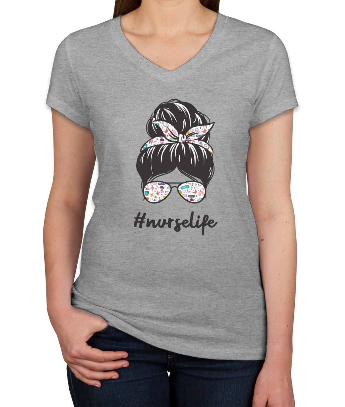 Nurse Life Bun Women's V Neck T-shirt