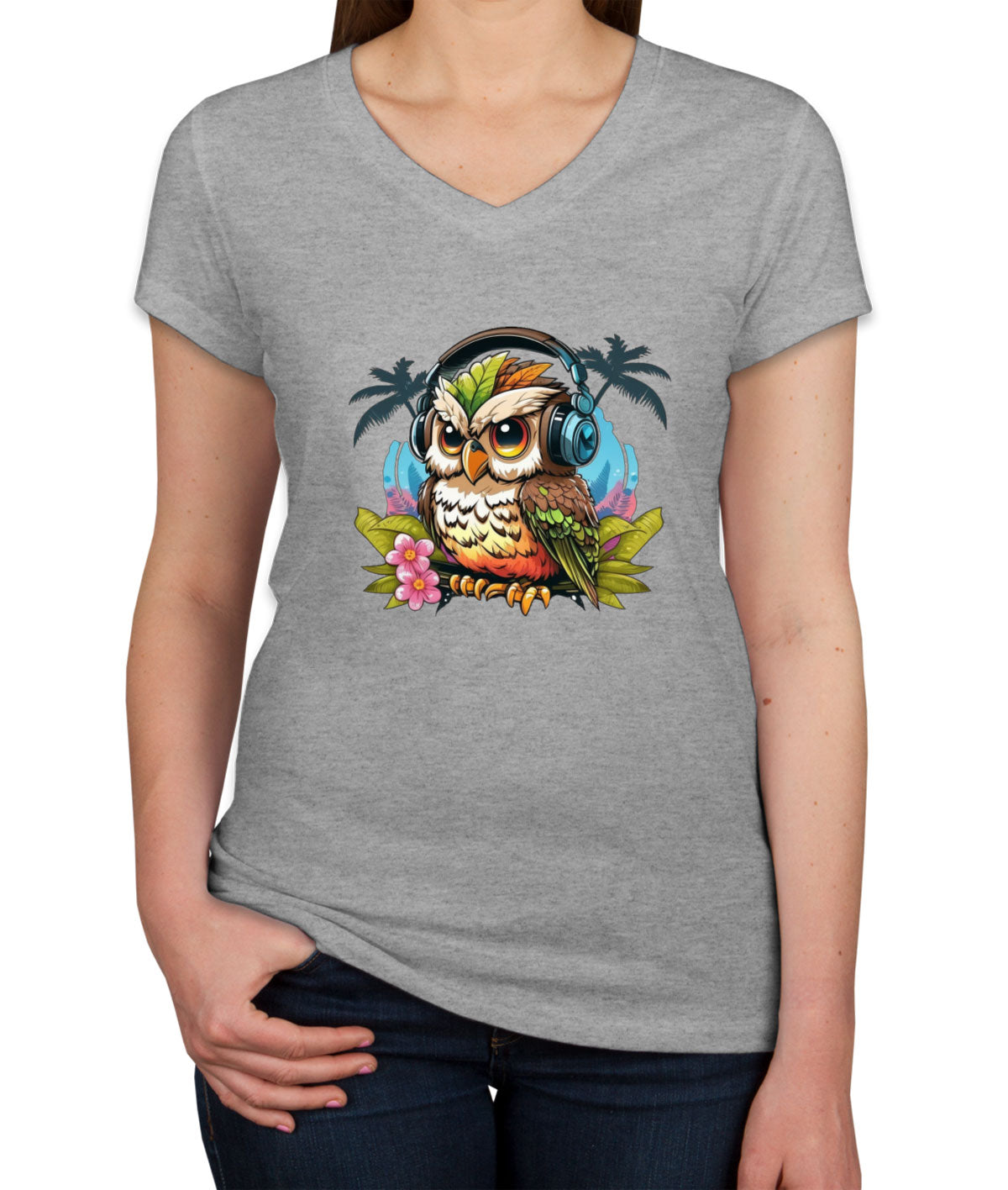 Owl Wearing Headphone Women's V Neck T-shirt